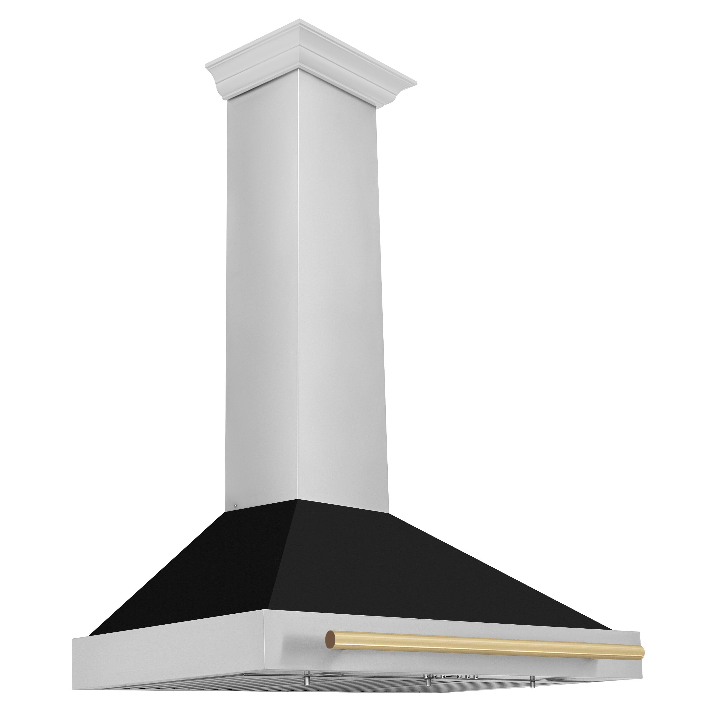 Angle. ZLINE - 36 in. Autograph Edition Convertible Stainless Steel Range Hood with Black Matte Shell and Champagne Bronze Handle - Matte black.
