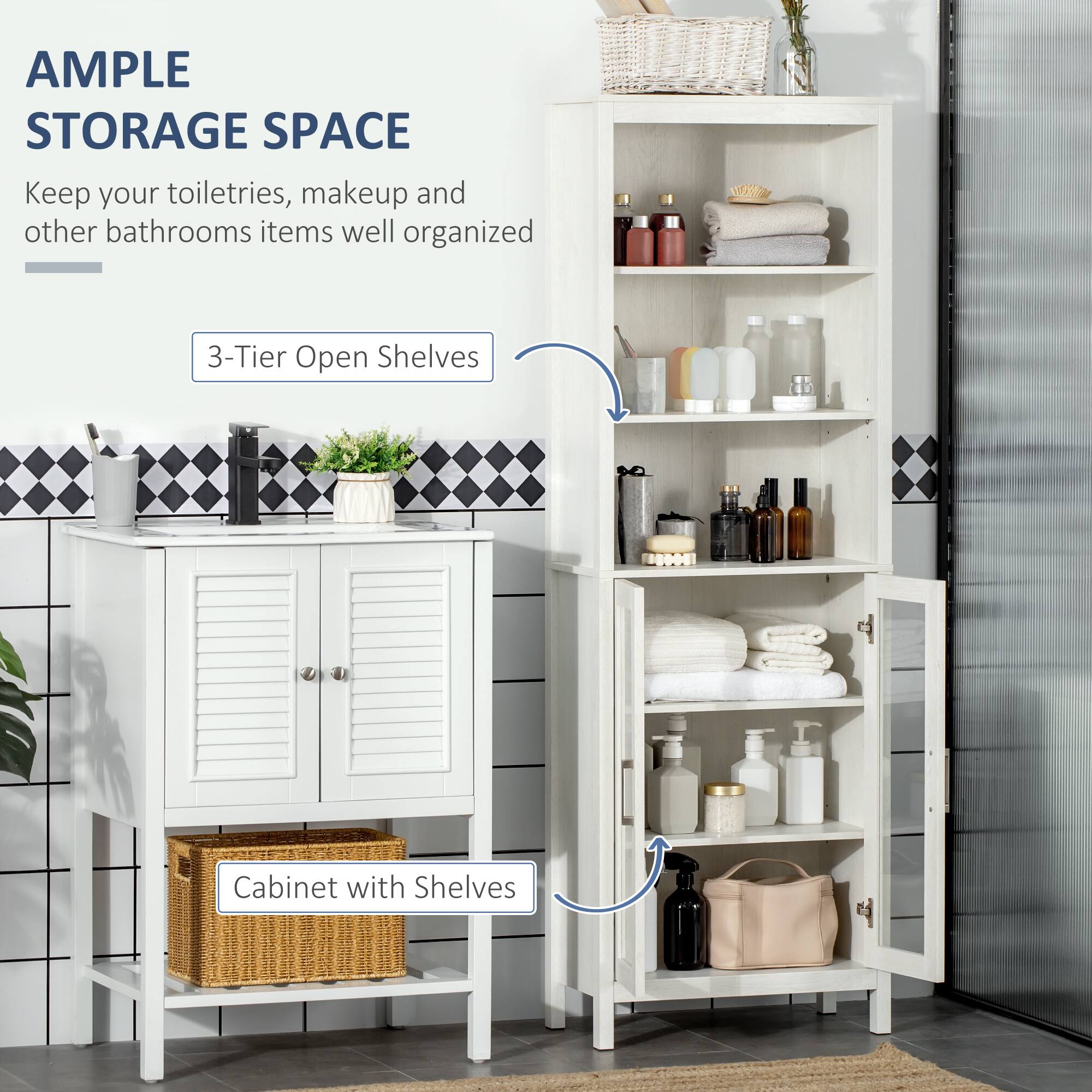 **AMPLE STORAGE SPACE**

Keep your toiletries, makeup, and other bathroom items well organized.

- **3-Tier Open Shelves**
- **Cabinet with Shelves**