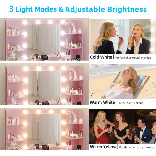 3 Light Modes & Adjustable Brightness

Cold White | For formal or official makeup

Warm White | For outdoor makeup

Warm Yellow | For dating or party makeup