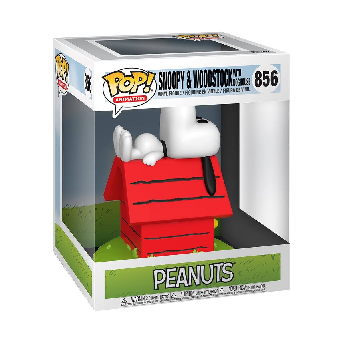 Sure, here is the corrected and grouped text from the image:

---

**POP! ANIMATION**  
**856**  
**SNOOPY & WOODSTOCK WITH DOGHOUSE**  
**VINYL FIGURE / FIGURINE EN VINYLE / FIGURA DE VINIL**

**PEANUTS**

**WARNING: CHOKING HAZARD - Small parts. Not for children under 3 years.**

**ADVERTENCIA: PEUGRO PELIGRO DE ASPAÑA**  
**ATTENTION: DANGER - Petite pièce. Ne convient pas aux enfants de moins de 3 ans.**

---

This text is organized as it appears on the packaging.