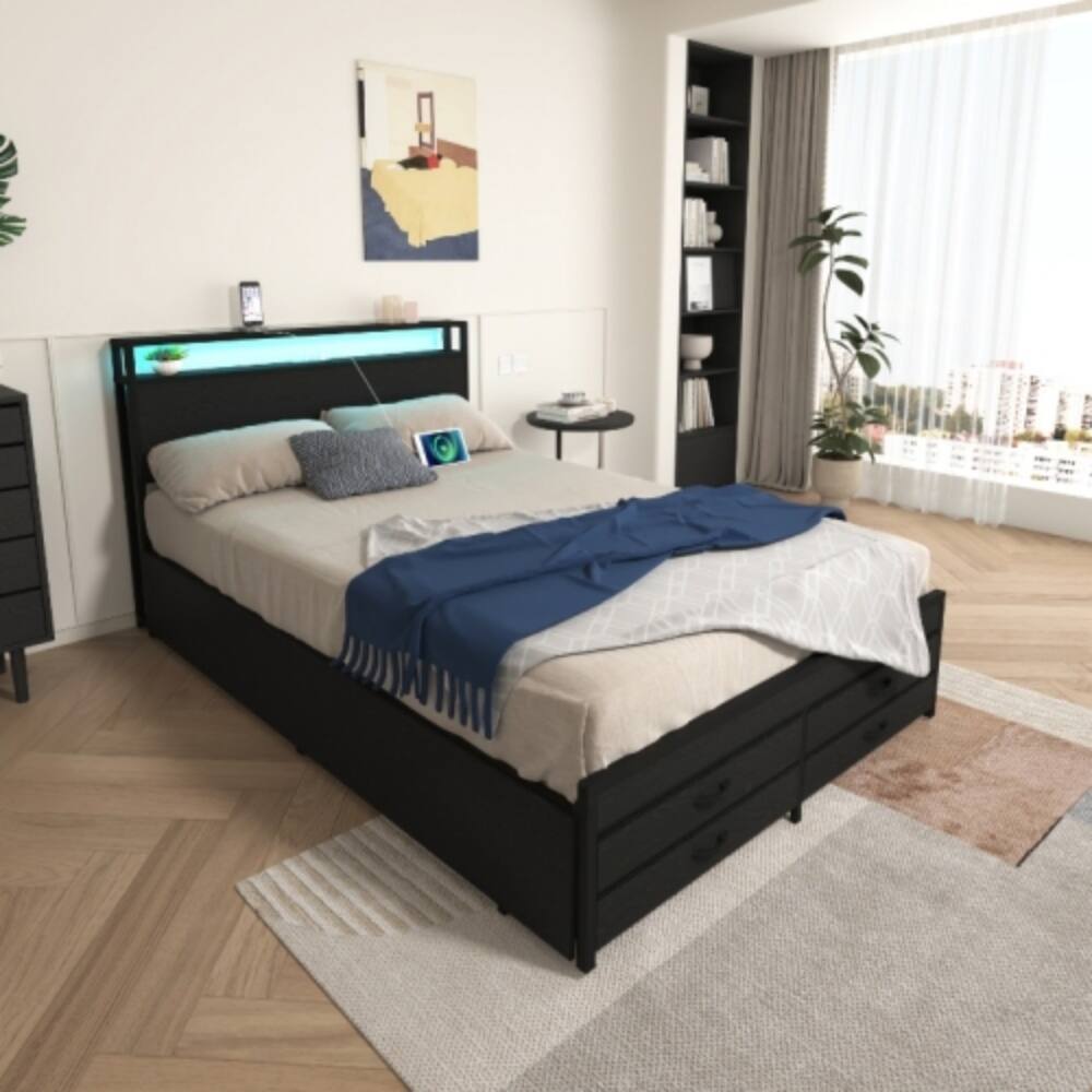 Front. LUCKY ONE - Full Size Bed Frame with 8 Storage Drawers, LED Headboard, USB Charging Station, Metal Platform, No Box Spring Needed - Black.