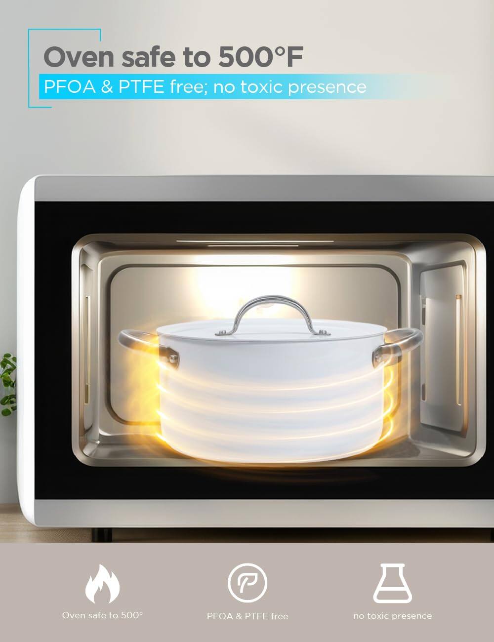 Oven safe to 500F PFOA & PTFE free; no toxic presence, Oven safe to 500 PFOA & PTFE free n toxic presence
