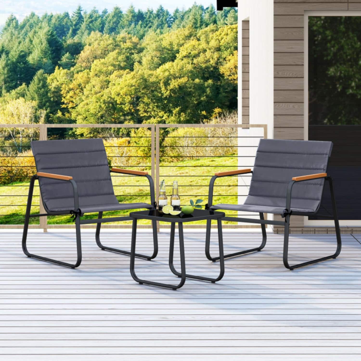 Mondawe - Compact Freestanding Patio Bistro Set with 2 Chairs and Tempered Glass Table 3-Piece - Black+Gray