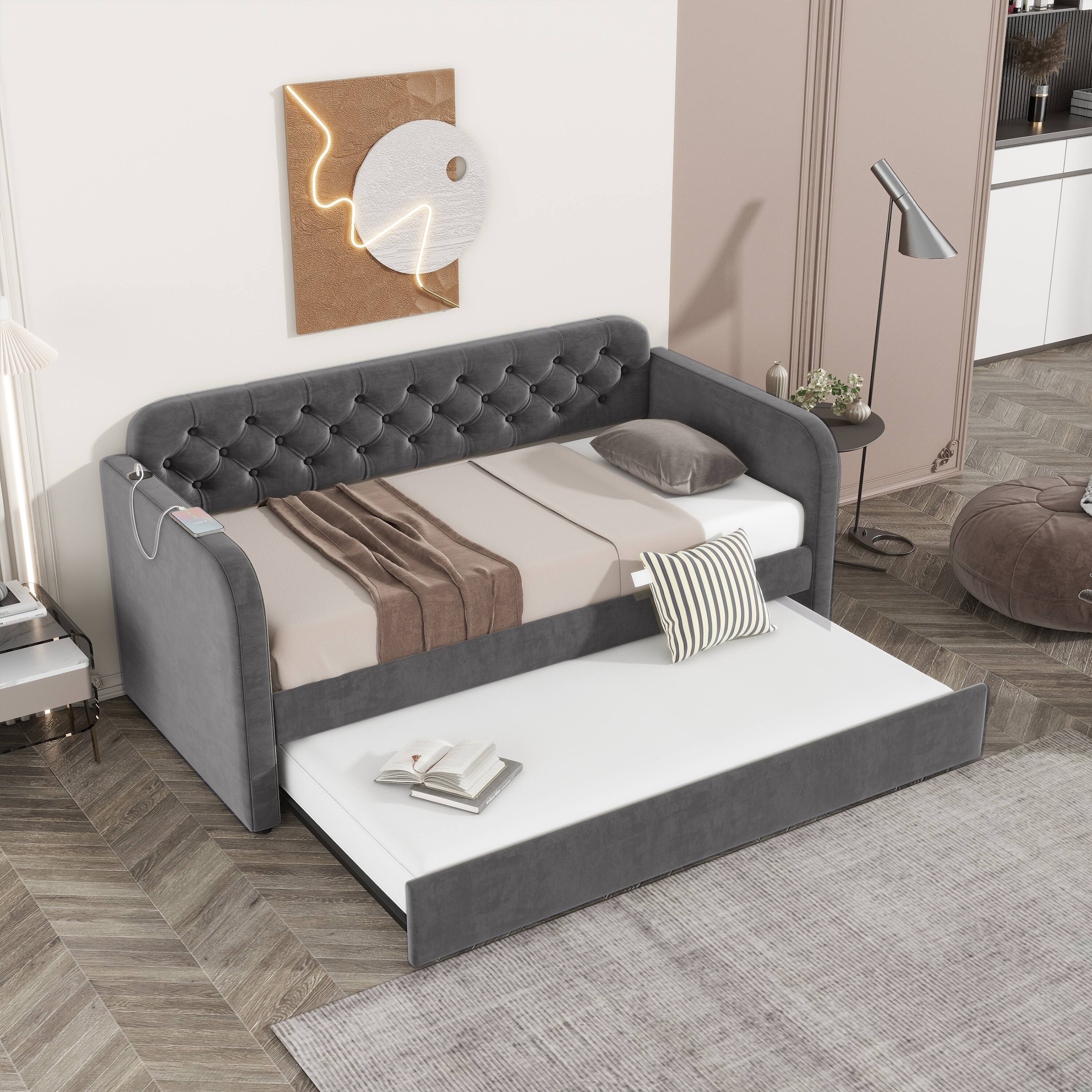 Angle. Trinkets Crazed - Twin Size Upholstered Daybed with Trundle and USB Charging Design, Velvet Upholstered Daybed Frame, Twin Sofa Bed - Grey.