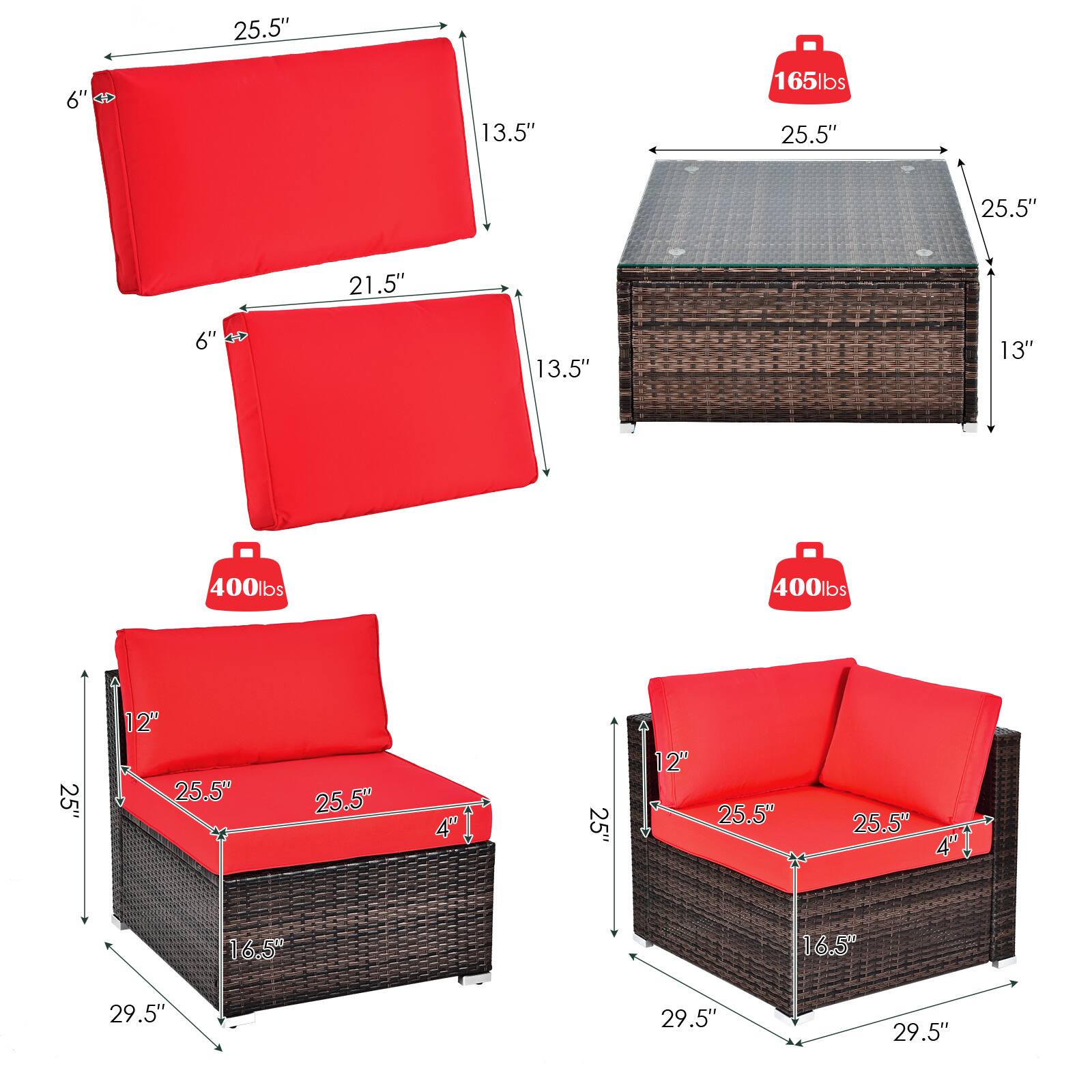 - 25.5" x 21.5" x 13.5" (6" height)
- 25.5" x 25.5" x 13" (3.5" height) - 165 lbs
- 25" x 25.5" x 12" (4" height) - 400 lbs
- 29.5" x 29.5" x 16.5" (4" height) - 400 lbs