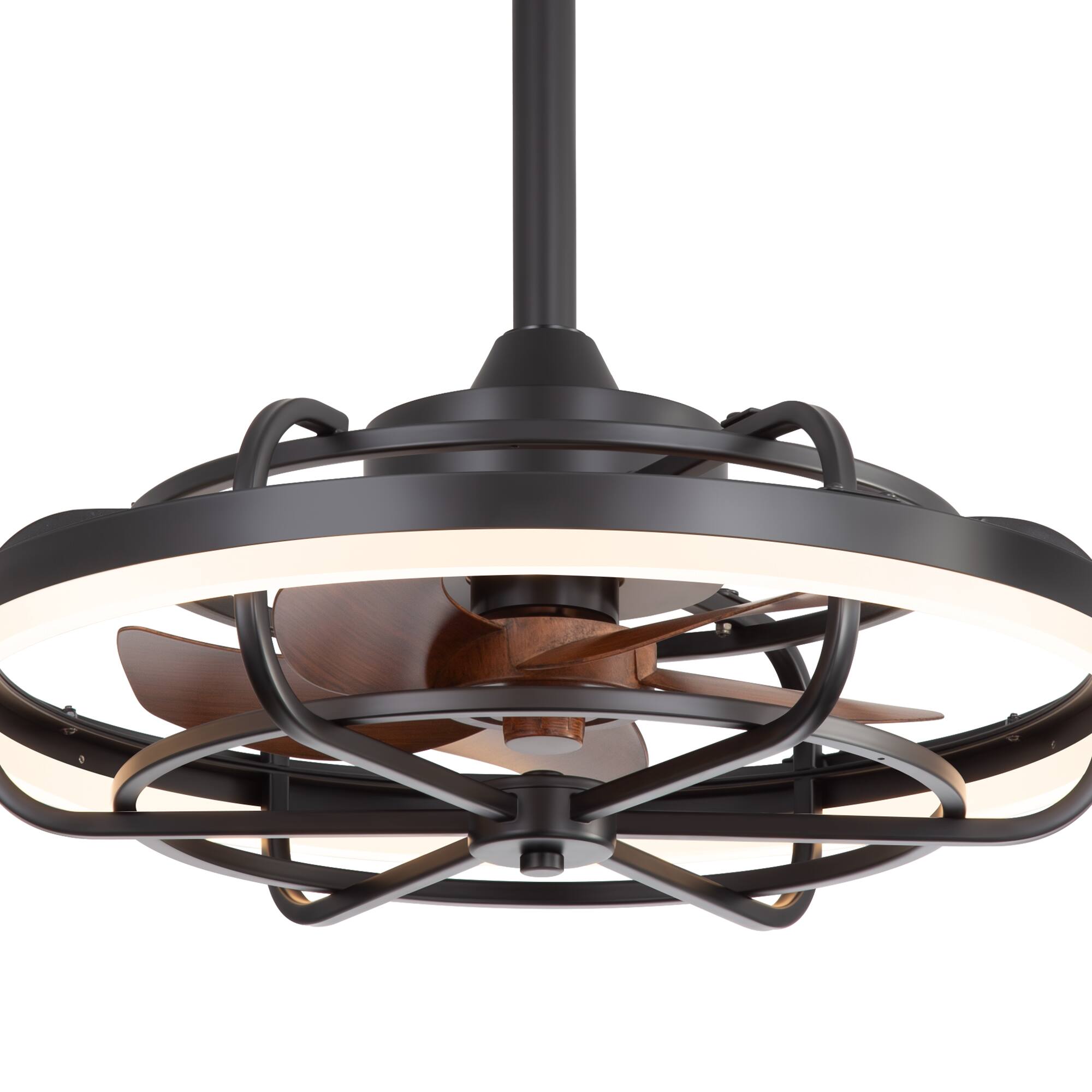 Left. Breezary - 19.7" Indoor Cage Ceiling Fan with 3-Color Light, 5 ABS Blades, DC Motor, 6''/10'' Downrods & Memory Function - Matte Black.