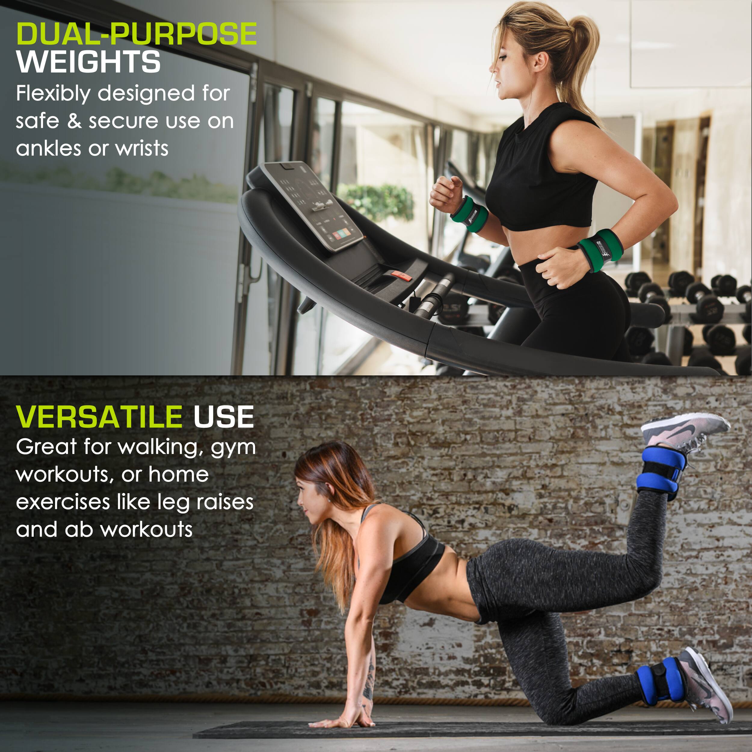 DUAL-PURPOSE WEIGHTS: Flexibly designed for safe & secure use on ankles or wrists

VERSATILE USE: Great for walking, gym workouts, or home exercises like leg raises and ab workouts
