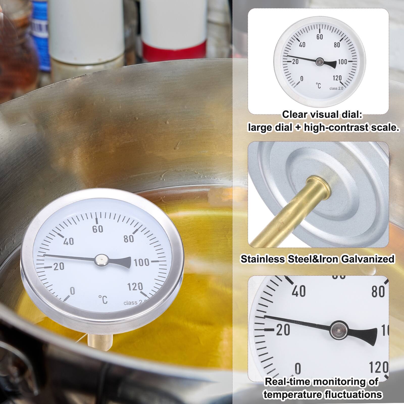 40 60 80 20 100 O C 120 class 2.0 Clear visual dial: large dial + high-contrast scale. 40 60 80 20 100 Stainless Steel&Iron Galvanized O C 120 class 2 40 80 20 1 O 120 Real-time monitoring of temperature fluctuations