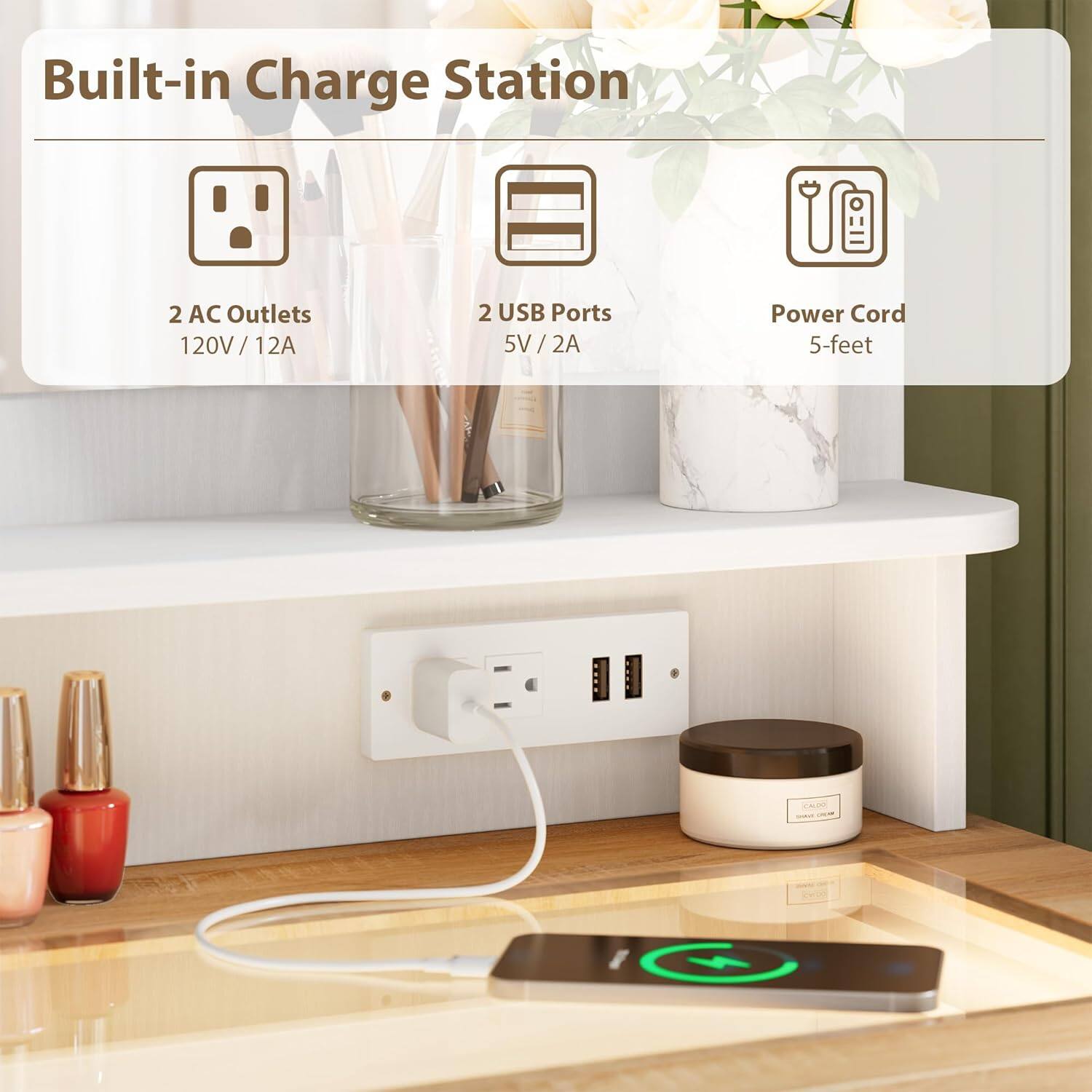 Built-in Charge Station

- 2 AC Outlets
  - 120V / 12A

- 2 USB Ports
  - 5V / 2A

- Power Cord
  - 5-feet