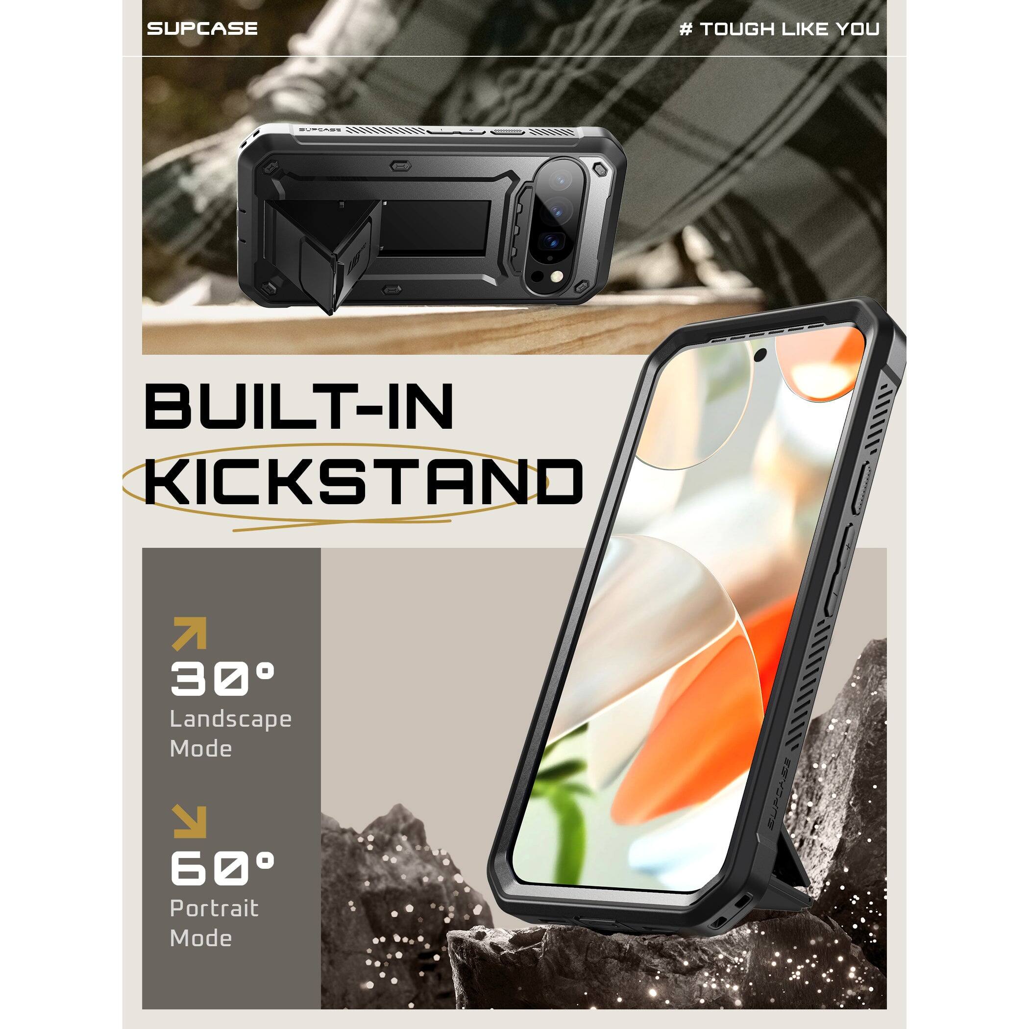 SUPCASE  
# TOUGH LIKE YOU  

BUILT-IN KICKSTAND  

30°  
Landscape Mode  

60°  
Portrait Mode
