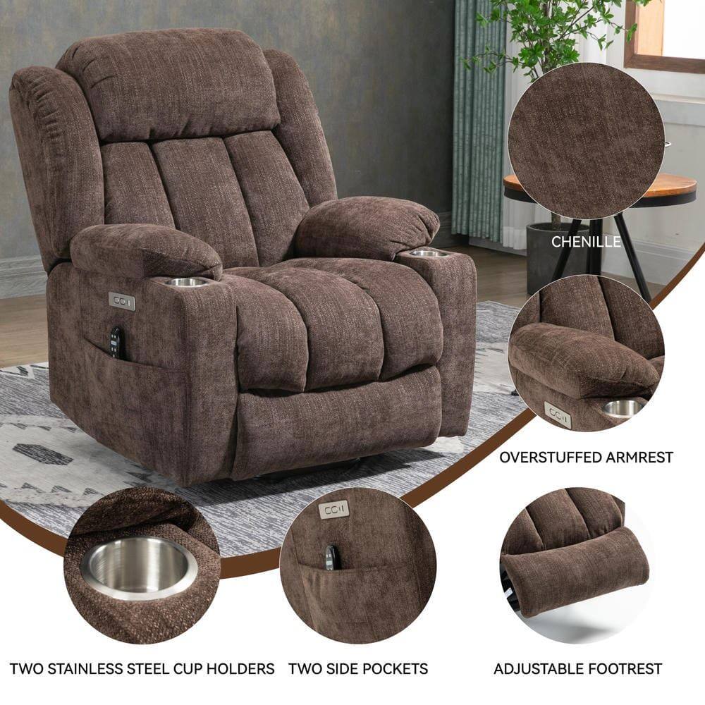 - Chenille
- Overstuffed Armrest
- Two Stainless Steel Cup Holders
- Two Side Pockets
- Adjustable Footrest
