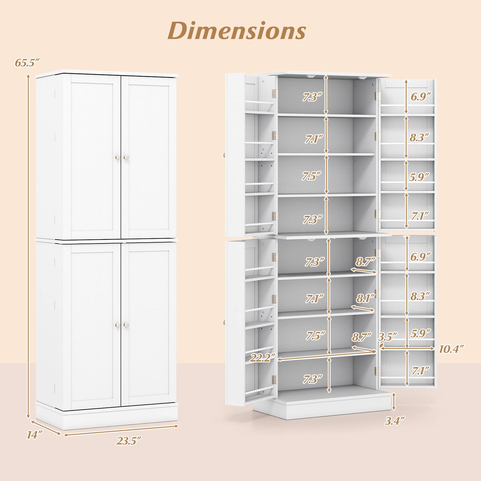 Dimensions:  
- Height: 65.5"  
- Width: 23.5"  
- Depth: 14"  
- Shelf Dimensions:  
  - 7.3" x 22.2"  
  - 7.1" x 22.2"  
  - 7.5" x 22.2"  
  - 7.3" x 22.2"  
  - 7.1" x 22.2"  
  - 7.5" x 22.2"  
  - 7.3" x 22.2"  
  - 7.1" x 22.2"  
- Shelf Spacing:  
  - 6.9"  
  - 8.3"  
  - 5.9"  
  - 7.1"  
  - 8.7"  
  - 6.9"  
  - 8.1"  
  - 8.3"  
  - 8.7"  
  - 3.5"  
  - 5.9"  
  - 10.