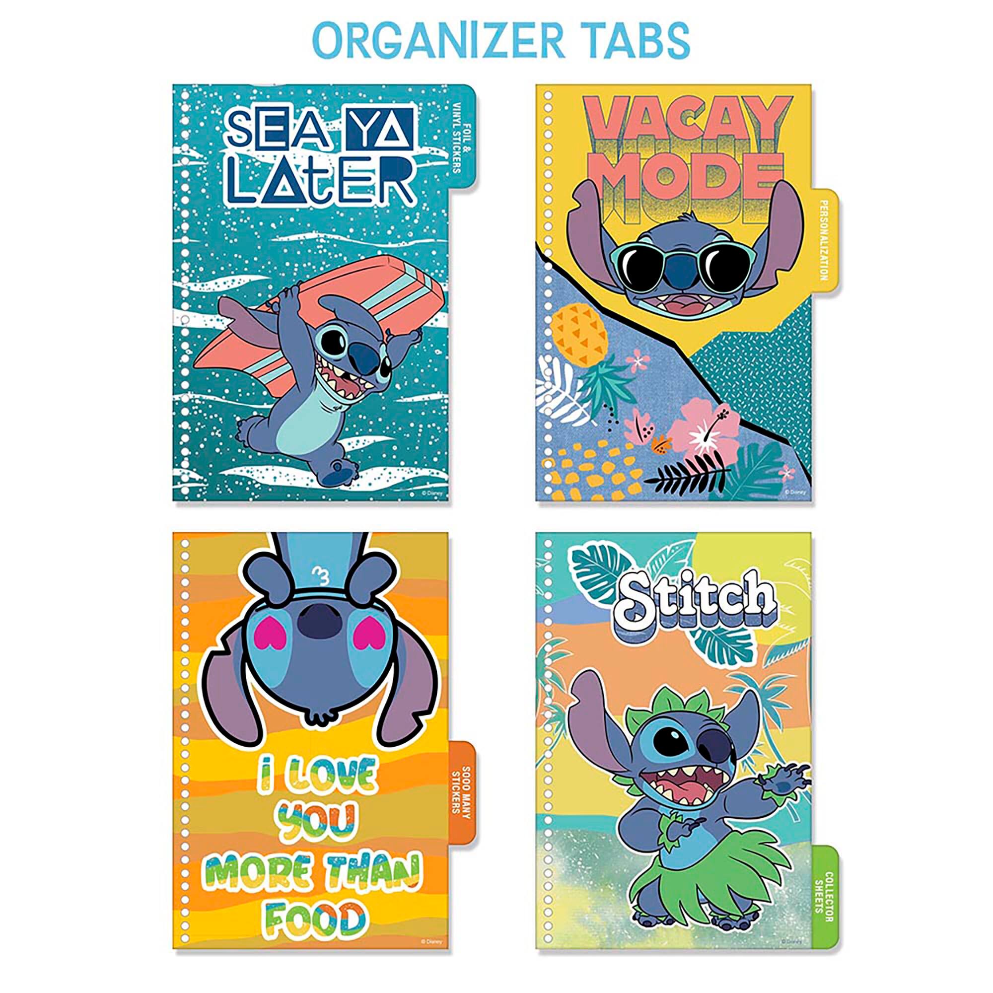 ORGANIZER TABS:

1. Sea Ya Later
2. Vacay Mode
3. Stitch
4. I Love You More Than Food
5. Stitch Foil Stickers

The text is grouped correctly, and the image shows four different tabs for an organizer and one additional tab for stickers.