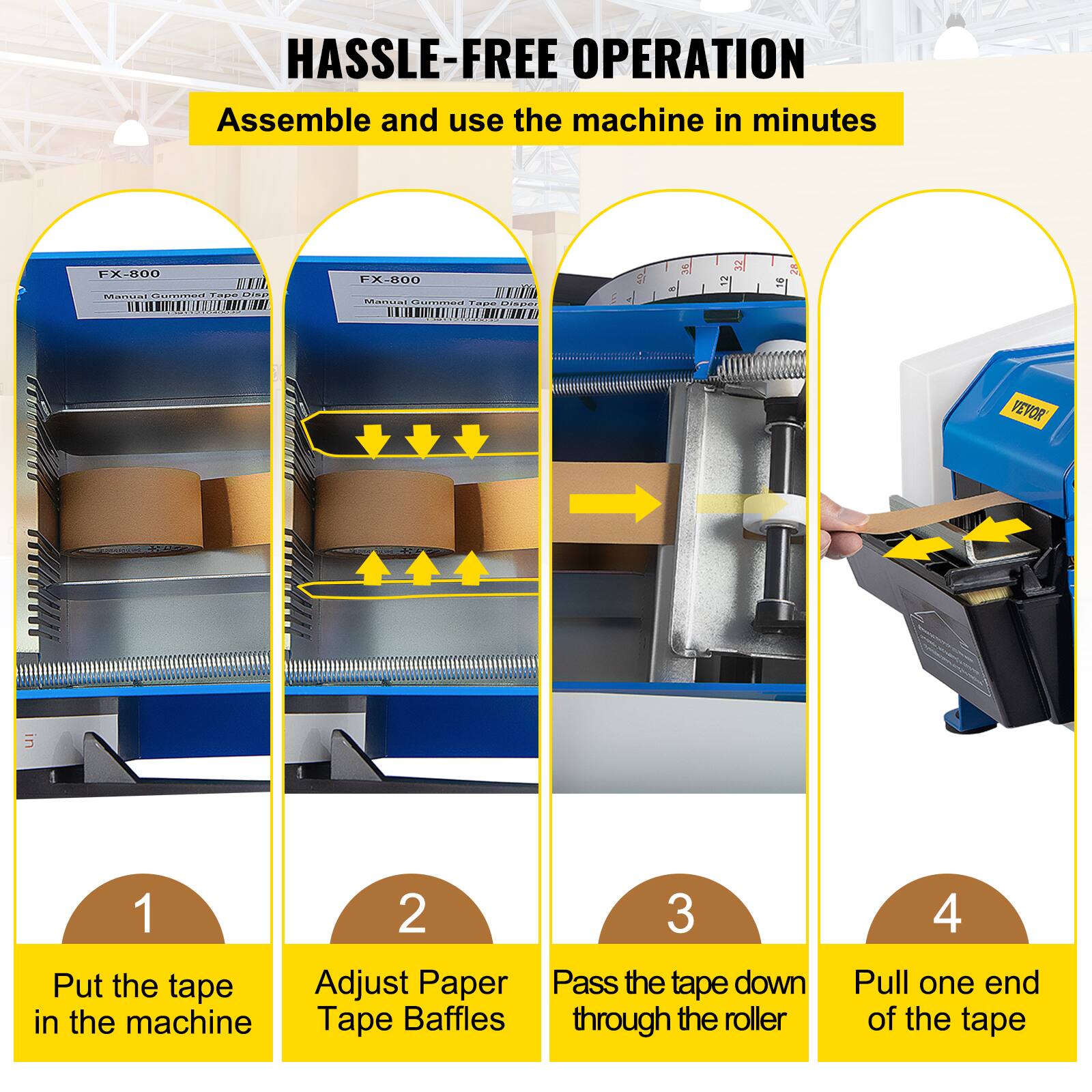 HASSLE-FREE OPERATION  
Assemble and use the machine in minutes  

1. Put the tape in the machine  
2. Adjust Paper Tape Baffles  
3. Pass the tape down through the roller  
4. Pull one end of the tape