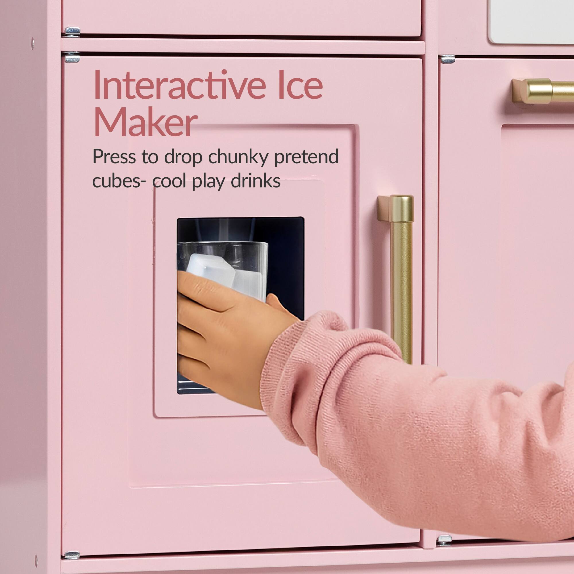Interactive Ice Maker  
Press to drop chunky pretend cubes- cool play drinks