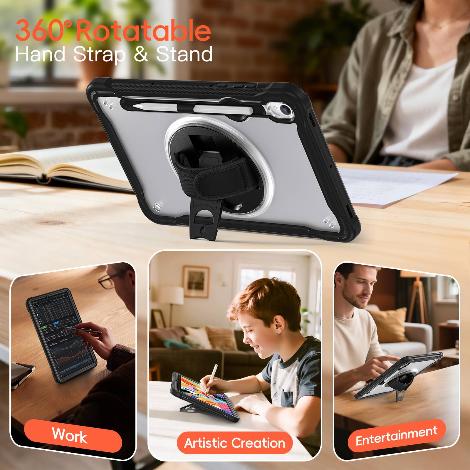 360° Rotatable Hand Strap & Stand

- Work
- Artistic Creation
- Entertainment