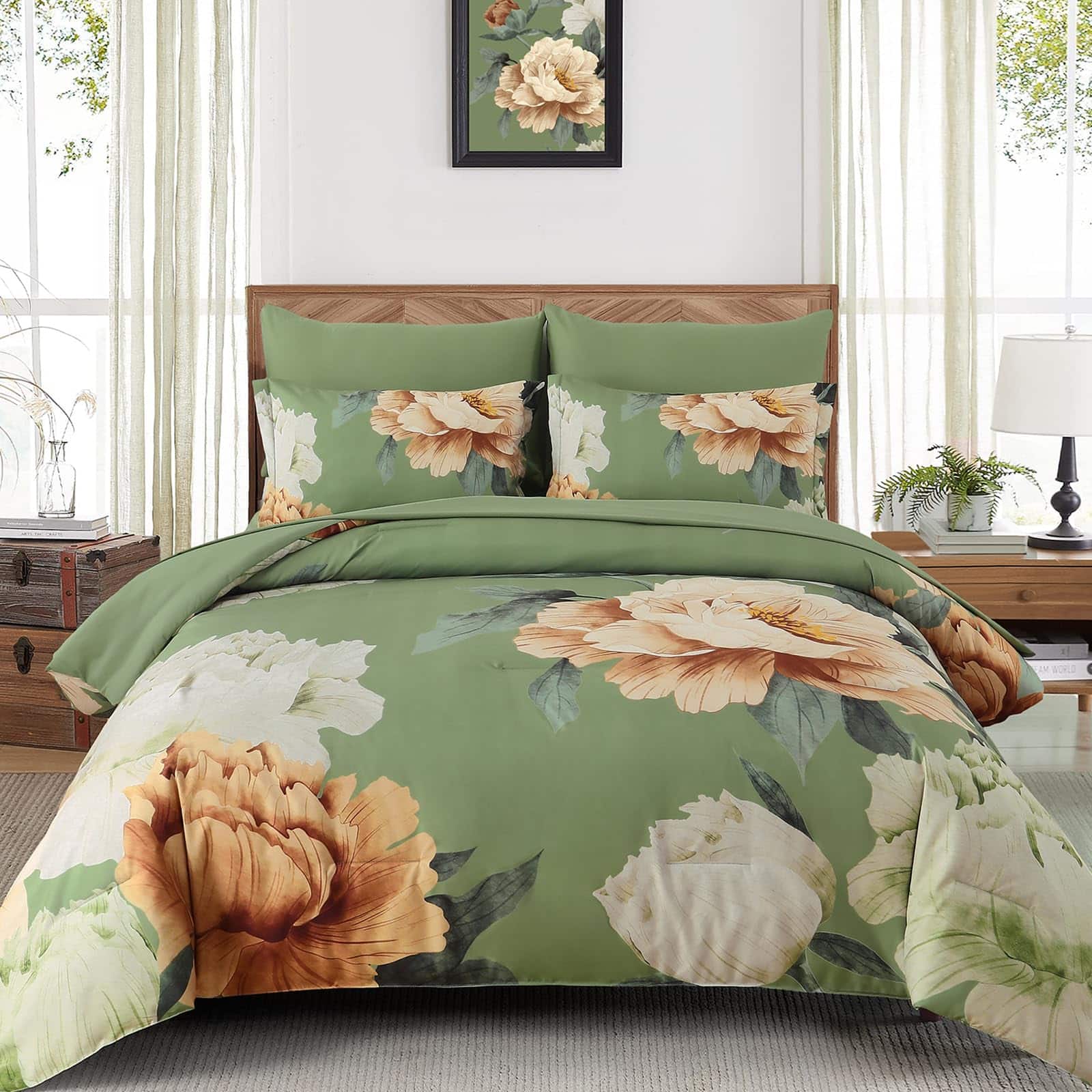 Cedar Assembly - Burnt Comforter Set Queen 7 Piece Bed In A Bag Floral Printed On With Sheets Soft Microfiber Botanical Fall - Olive Green-King