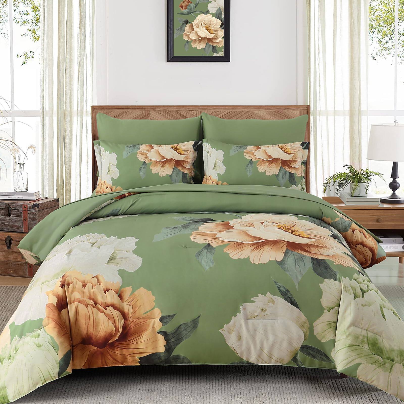 Cedar Assembly - Burnt Comforter Set Queen 7 Piece Bed In A Bag Floral Printed On With Sheets Soft Microfiber Botanical Fall - Olive Green-King
