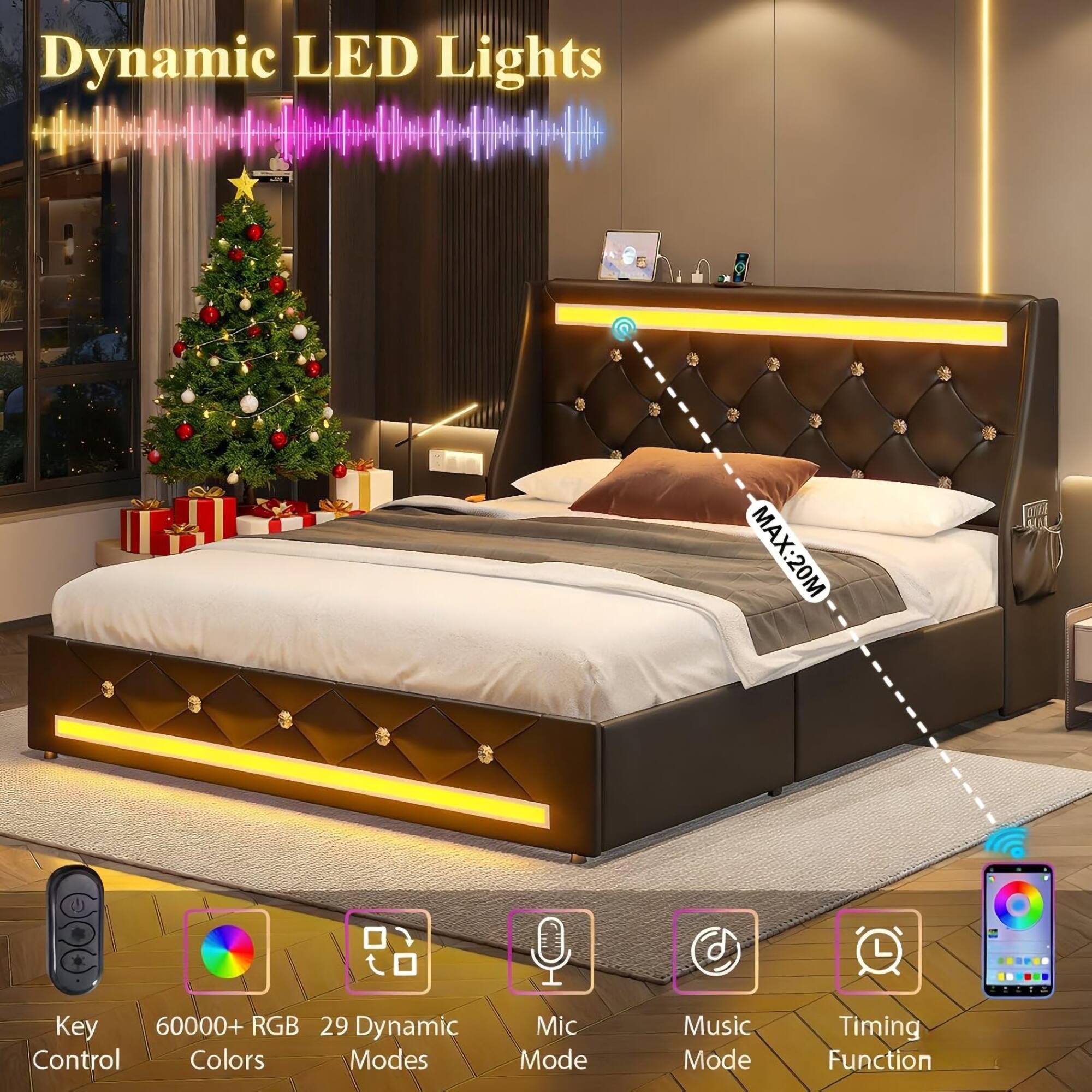 Dynamic LED Lights  
MAX: 20M  
Key Control  
60000+ RGB Colors  
29 Dynamic Modes  
Mic Mode  
Music Mode  
Timing Function