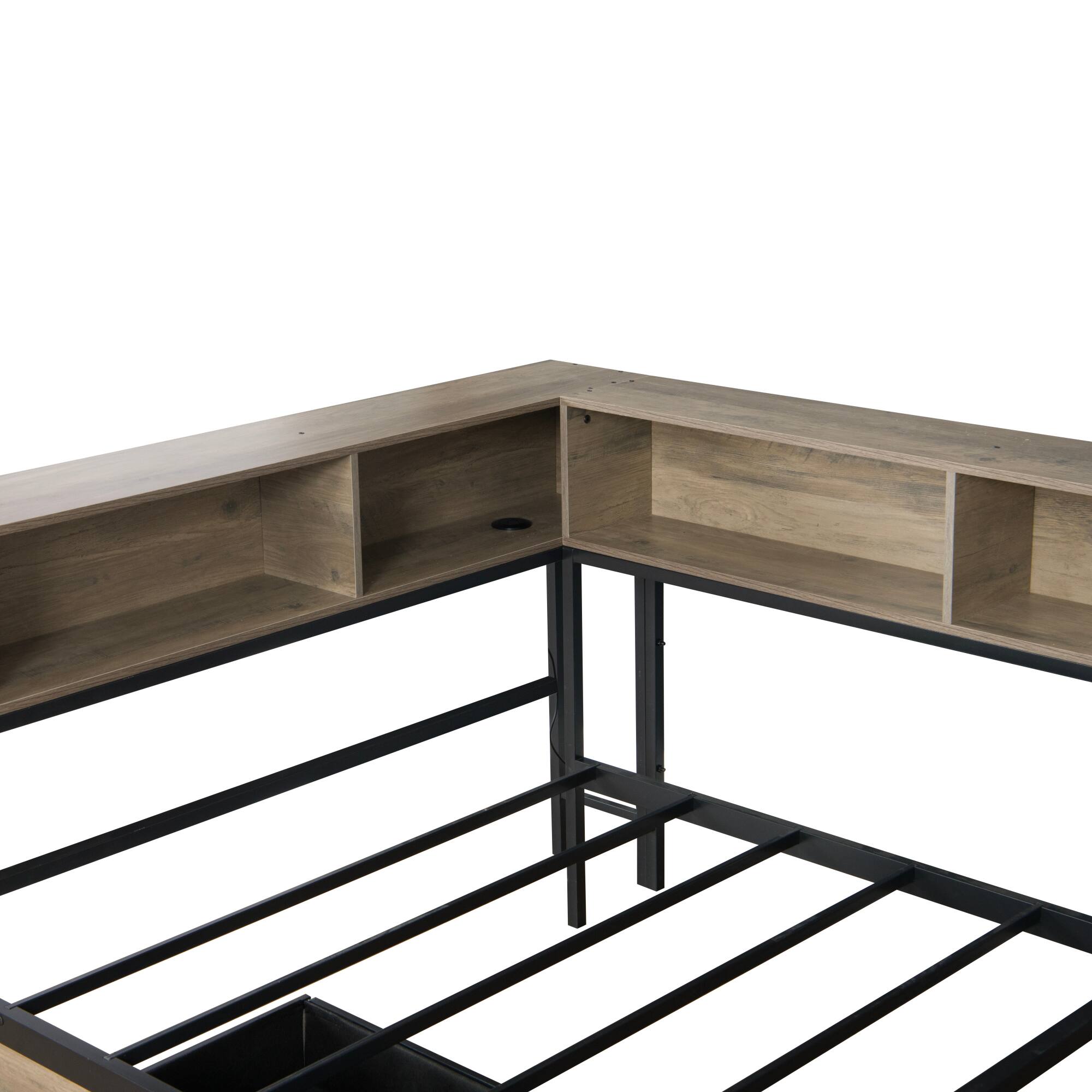 Alt View 9. GOODSILO - Compact Twin Corner Bed Frame with Integrated Bookcase, Underbed Storage Drawers, LED Lighting, and Charging Station - Grey.