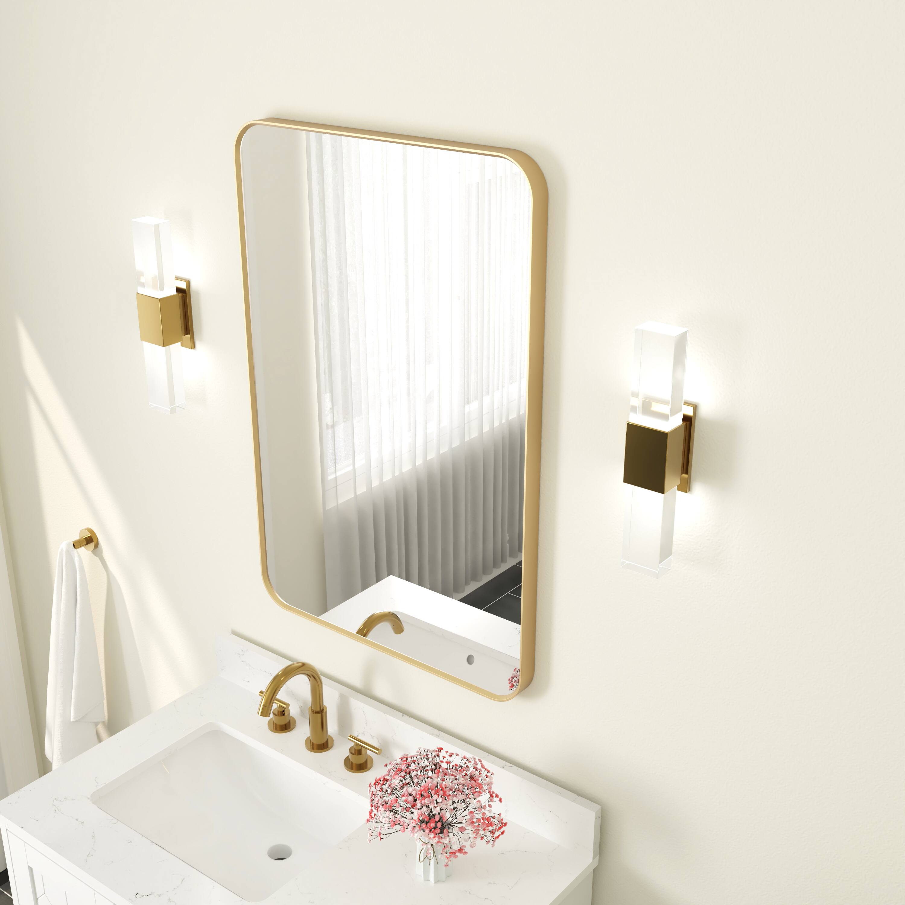 Back. WELLFOR - 24 in. W. x 36 in. H Rectangular Aluminum Framed Wall-Mounted Bathroom Vanity Mirror - Brushed Gold.