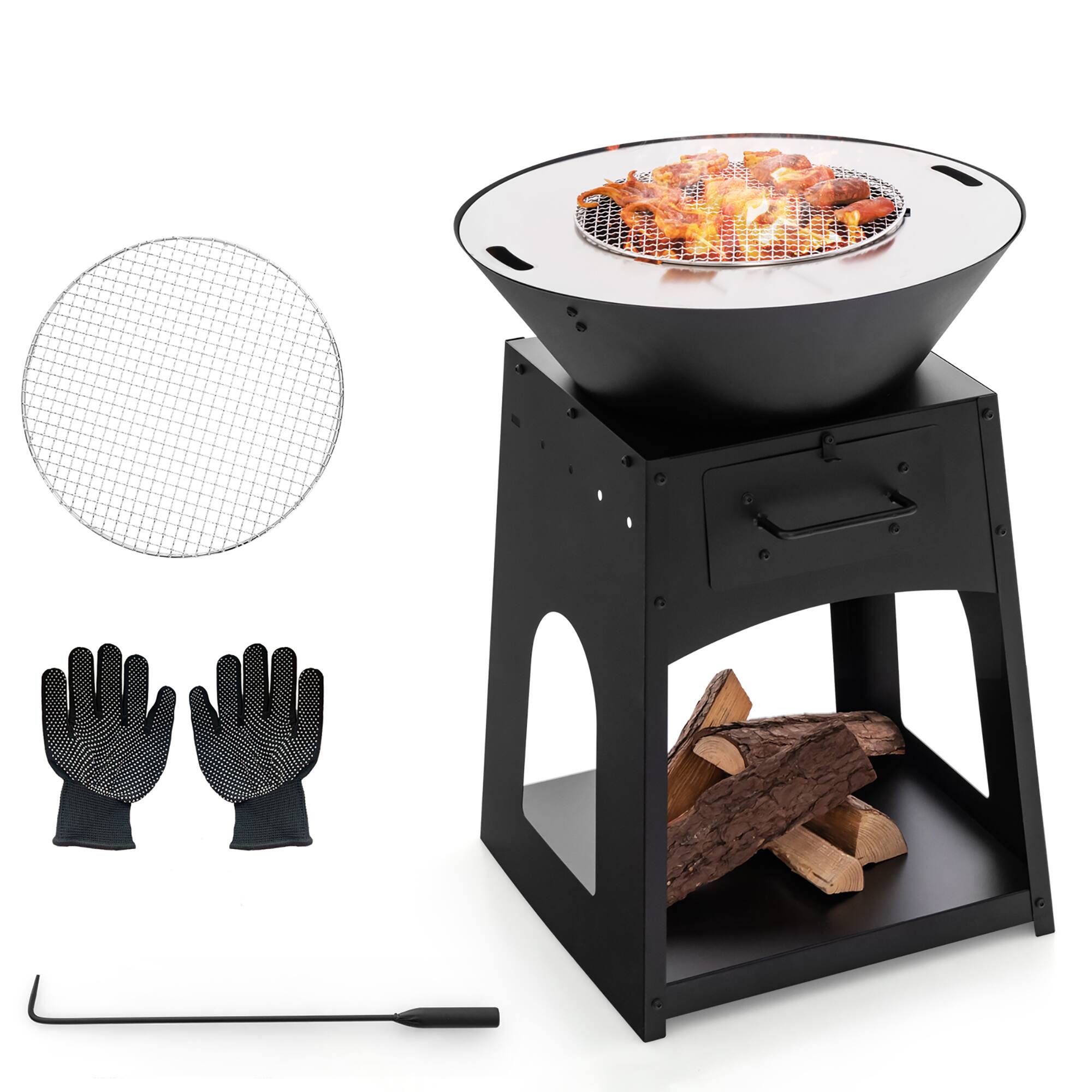 Front. Gymax - Gymax Patio Fire Pit w/ Firewood Log Rack Outdoor Wood Burning Fireplace w/ Grill & Ash Box - Black.