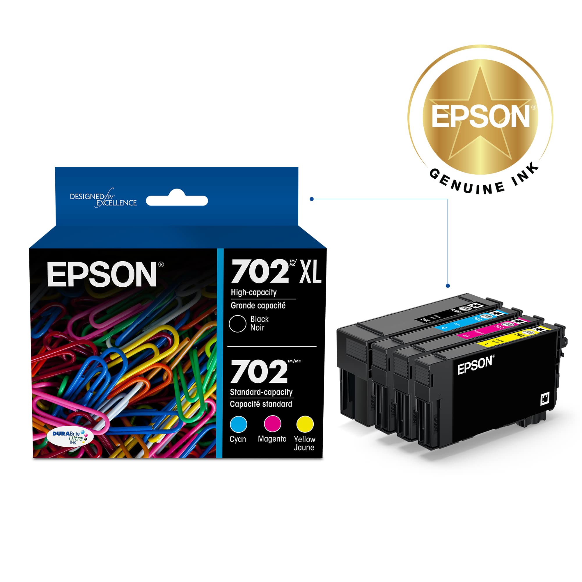 EPSON GENUINE INK - 702 XL High-capacity Grande capacite Noir - 702 Standard-capacity Capacite standard - 200 I R 365 ~ t 30 C11 EPSON'S DURA-M - Ultra + 1. Cyan, Magenta, Yellow, Black, Orange, Green, Red, Blue, Pink, White, Gray, Light Black, Light Magenta, Light Cyan, Light Yellow, Light Black, Light Orange, Light Pink, Light Green, Light Blue, Light White, Light Gray, Light Light Black, Light Light Magenta, Light Light Cyan, Light Light Yellow, Light Light Orange, Light Light Pink, Light Light Green, Light Light Blue, Light Light White, Light Light Gray.