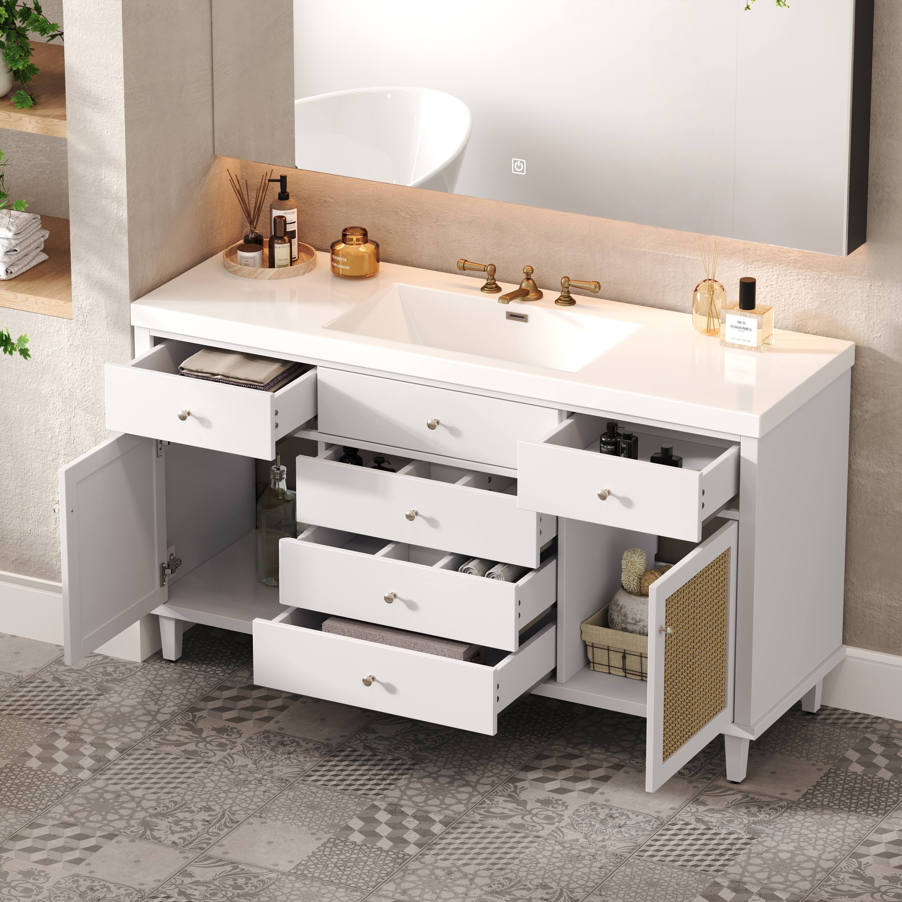 Back. Loheer - 5 ft Modern Bathroom Vanity with SMC Sink, Soft Close Drawers, Rattan Doors - White.