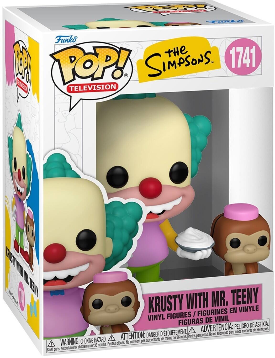 Sure, here is the corrected and grouped text from the image:

---

**Funko POP! TELEVISION**

**The Simpsons**

**1741**

**KRUSTY WITH MR. TEENY**

**VINYL FIGURES / FIGURINES EN VINYLE / FIGURAS DE VINIL**

**WARNING: CHOKING HAZARD. Small parts. Not suitable for children under 36 months.**

**ATTENTION: DANGER D'ÉTOUFFEMENT. Petites pièces. Ne convient pas aux enfants de moins de 36 mois.**

**ADVERTENCIA: PELIGRO DE ASFIXIA. Partes pequeñas. No es adecuado para niños menores de 36 meses.**

---