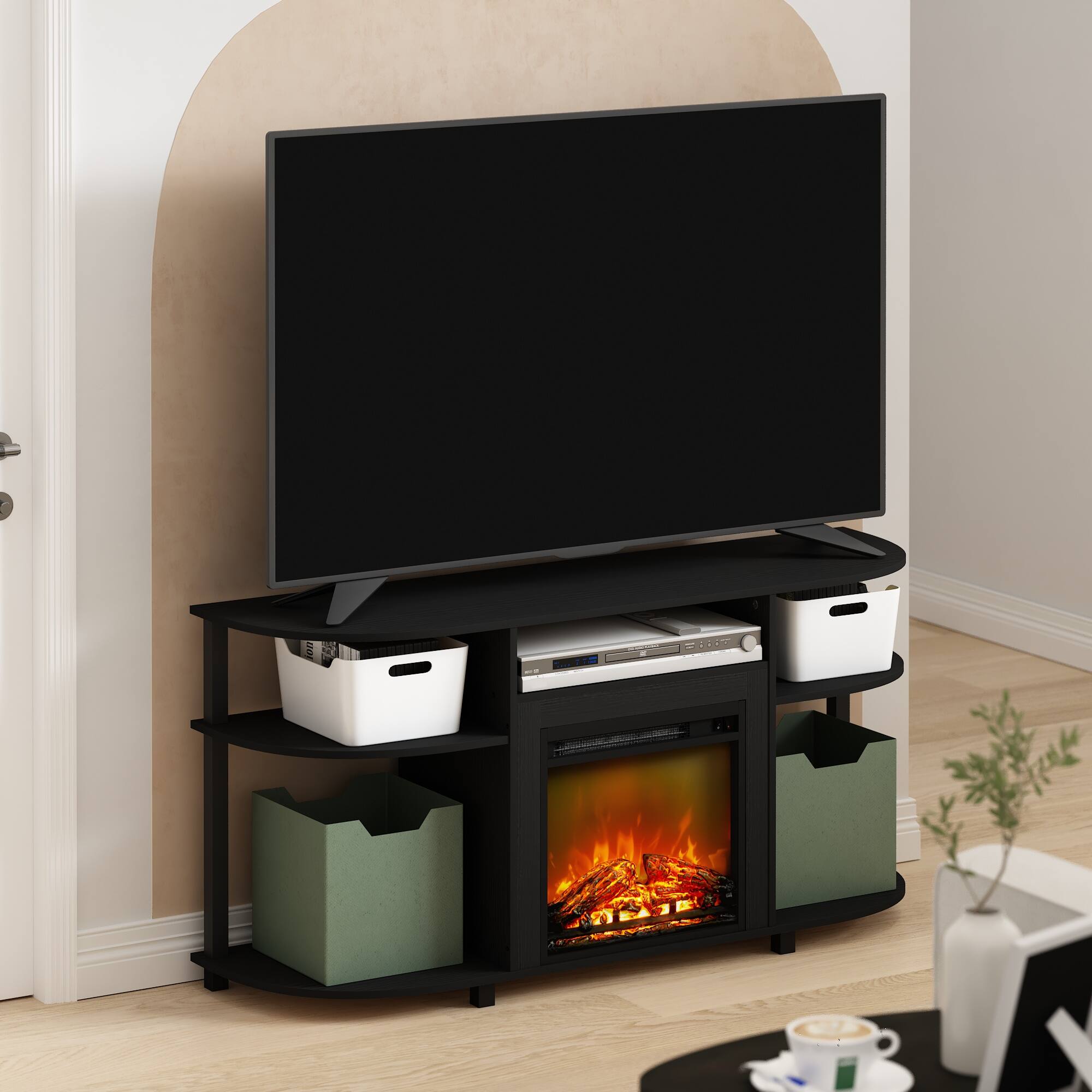 Alt View 6. Furinno - Jensen Open Storage Curved Entertainment Center Stand with Fireplace for TV up to 55 Inch - Americano.