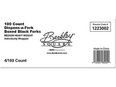 100 Count Dispens-a-Fork Boxed Black Forks  
MEDIUM HEAVY WEIGHT  
Individually Wrapped  

Berkeley SQUARE  
DCPM (Disposable Cutlery)  
www.BerkBrands.com  

Reorder Code # 1223002  

Made in China  

4/100 Count  

0 22361 90202 1