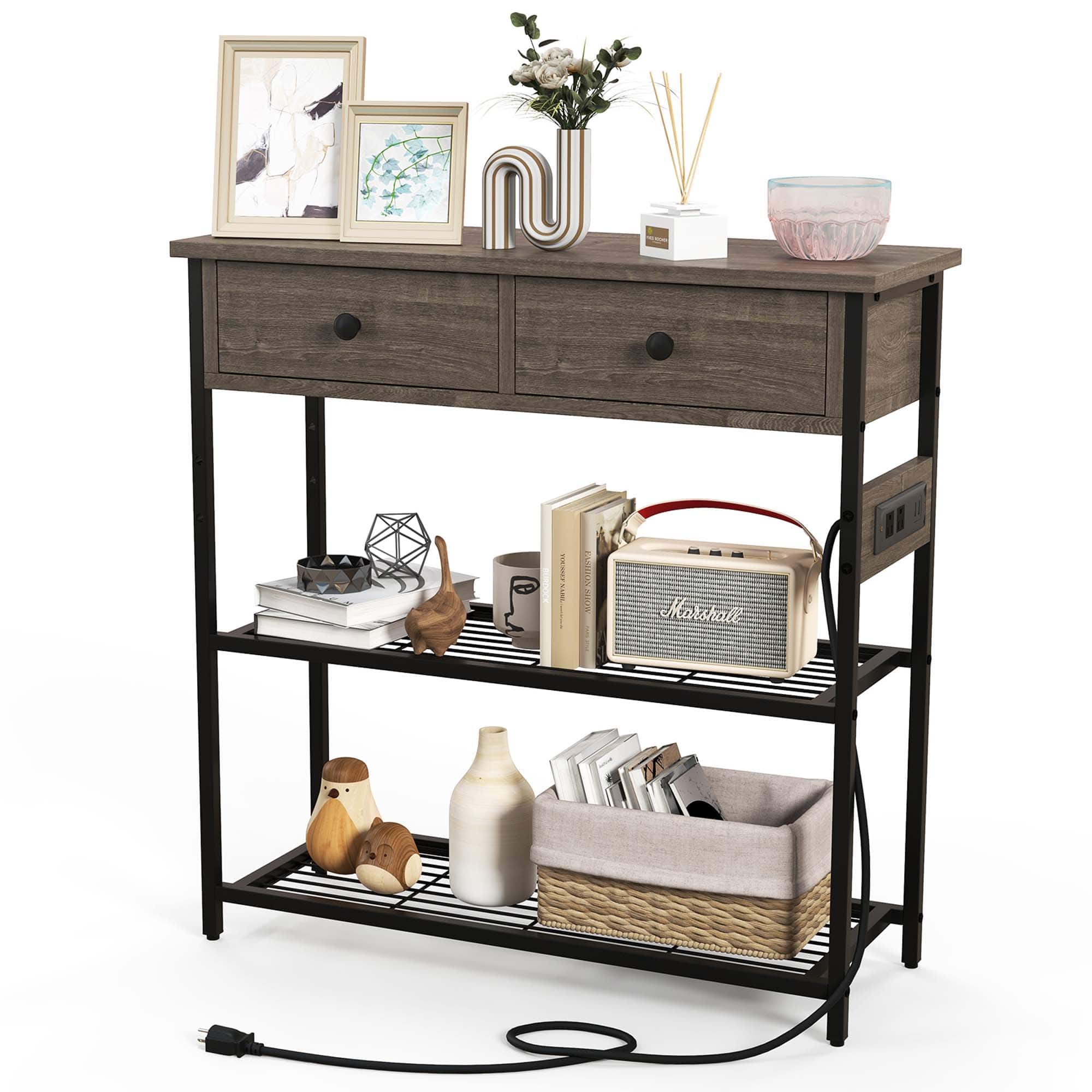 Front. Costway - Entryway Table with Charging Station Narrow Console Table with 2 Drawers - Grey Oak.