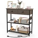 Front. Costway - Entryway Table with Charging Station Narrow Console Table with 2 Drawers - Grey Oak.