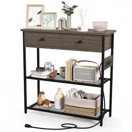 Front. Costway - Entryway Table with Charging Station Narrow Console Table with 2 Drawers - Grey Oak.