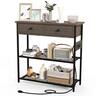Costway - Entryway Table with Charging Station Narrow Console Table with 2 Drawers - Grey Oak