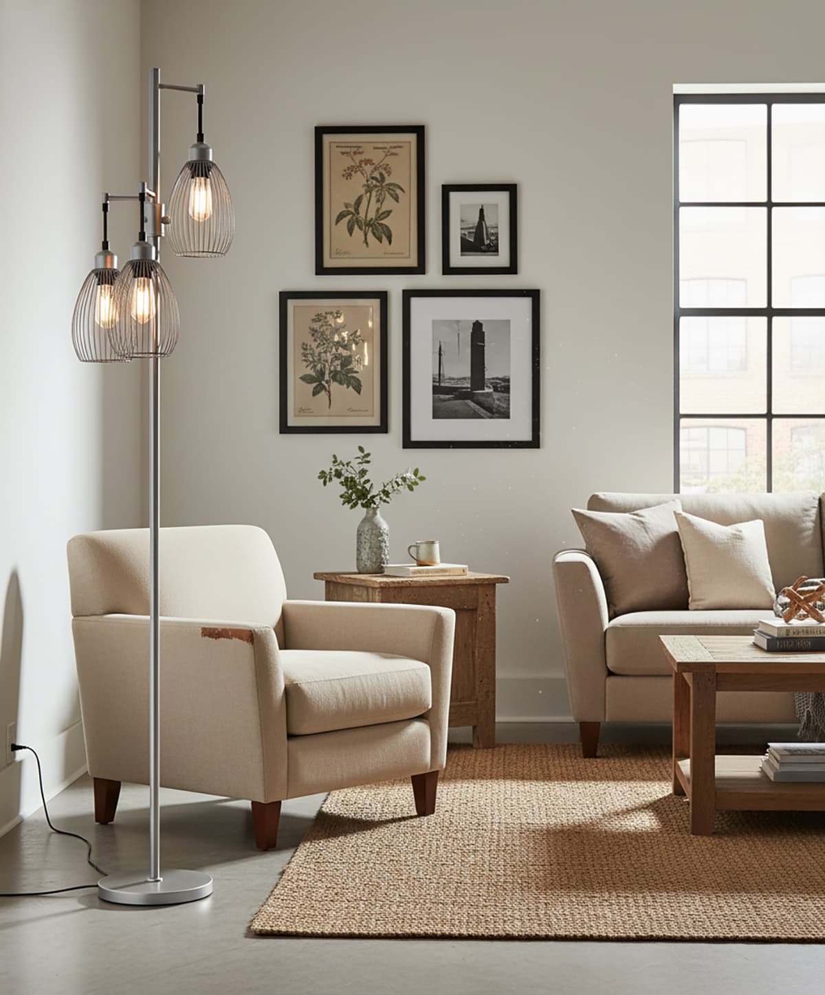 Alt View 3. FINEAK - Dimmable Industrial Floor Lamp with 3 x 800LM LED Edison Bulbs - Grey Standing Tree Lamp with Teardrop Cage Heads - Gray.