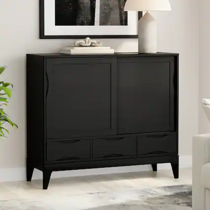 Front. Simpli Home - Simpli Home Harper 48 inch Wide Solid Hardwood Mid-Century Modern Medium Storage Cabinet in Black - Black.