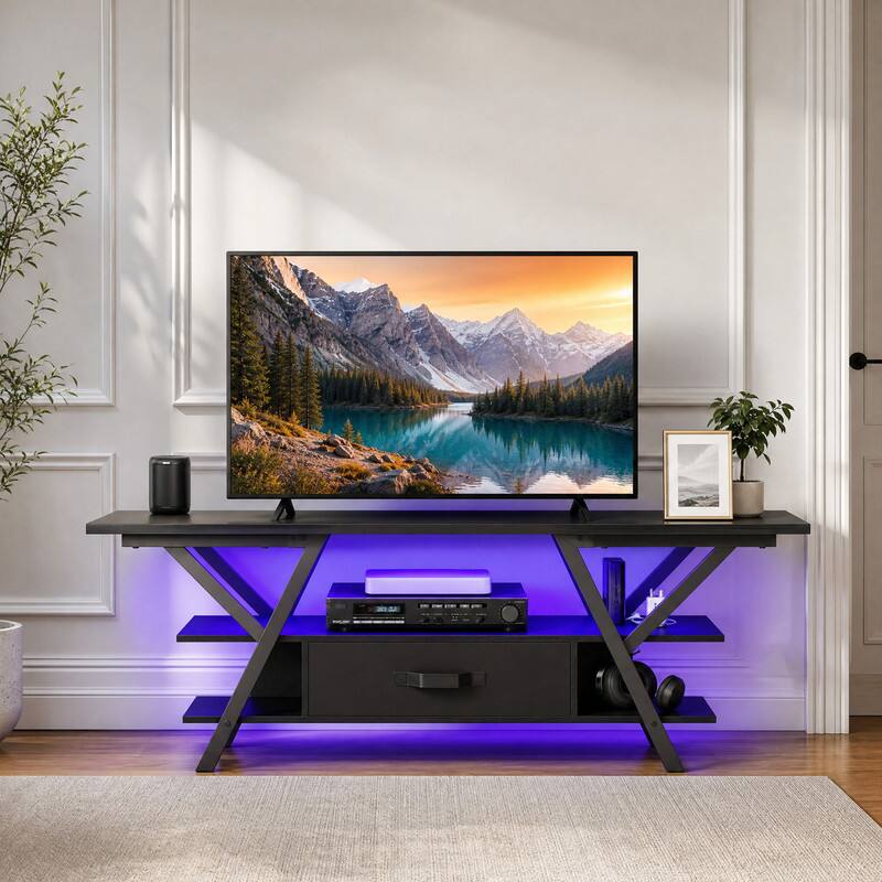 Angle. WELLFOR - Modern TV Stand for 65 Inch TVs with Power Outlets, LED Entertainment Center Media Console for Living Room, Bedroom - Rustic Brown.