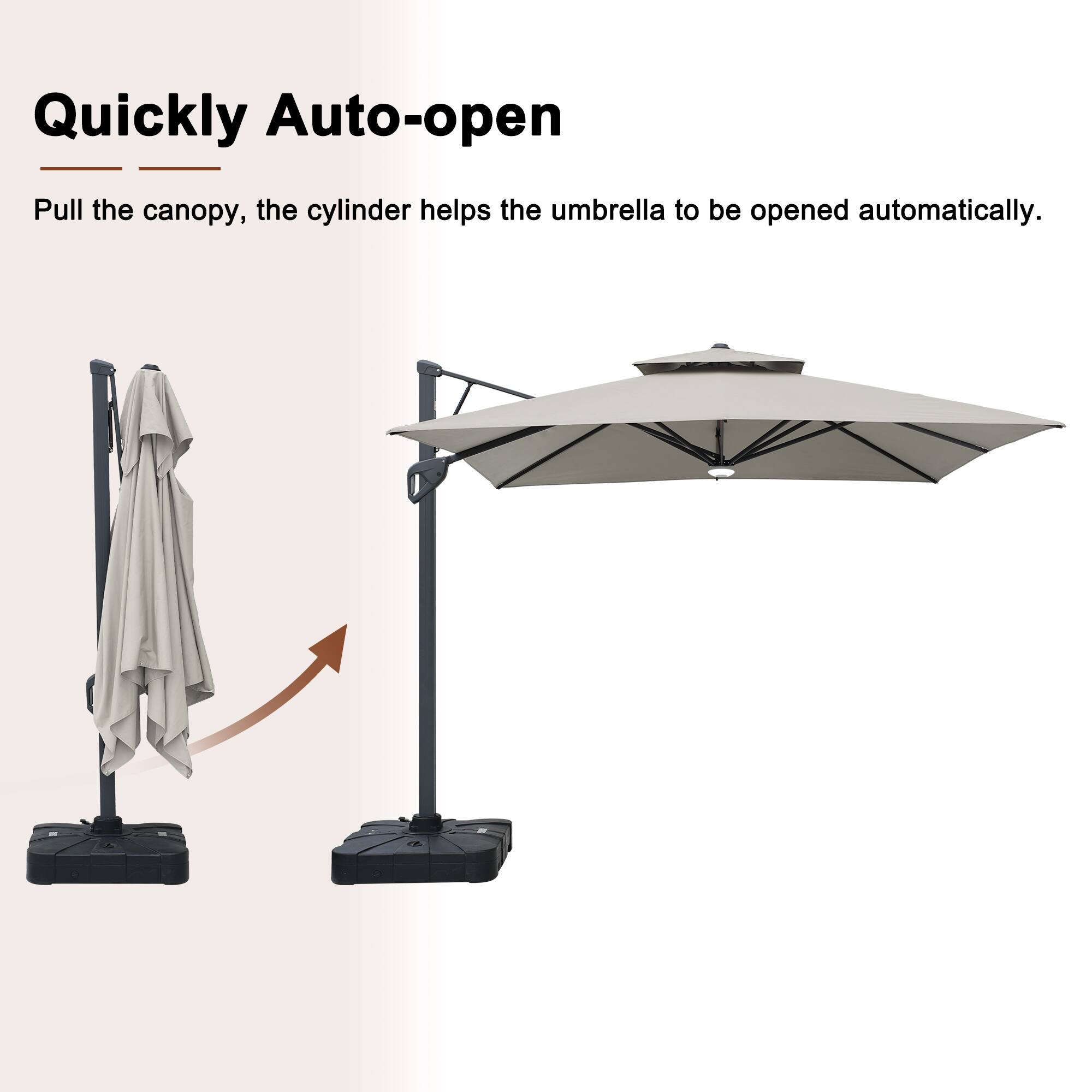 Quickly Auto-open  
Pull the canopy, the cylinder helps the umbrella to be opened automatically.