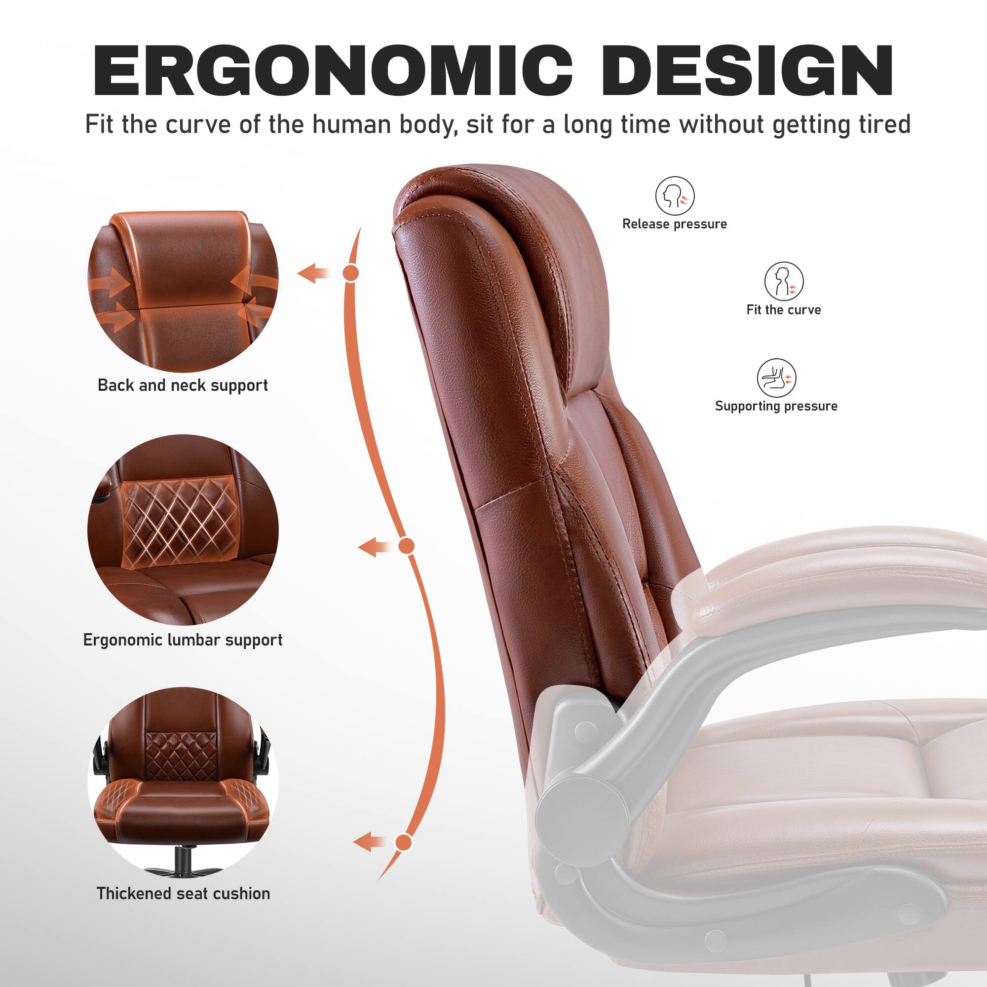 ERGONOMIC DESIGN  
Fit the curve of the human body, sit for a long time without getting tired  

- Release pressure  
- Fit the curve  
- Supporting pressure  

Back and neck support  
Ergonomic lumbar support  
Thickened seat cushion