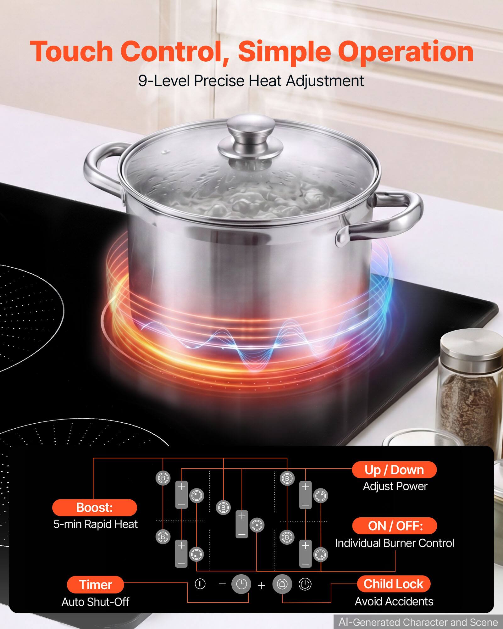 Touch Control, Simple Operation  
9-Level Precise Heat Adjustment

Boost: 5-min Rapid Heat

Up/Down Adjust Power  
ON/OFF: Individual Burner Control  
Timer Auto Shut-Off  
Child Lock Avoid Accidents

AI-Generated Character and Scene