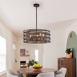 Loheer - 20 Inch 5 Light Metal Cage Chandelier, Black and Walnut Wood Accents