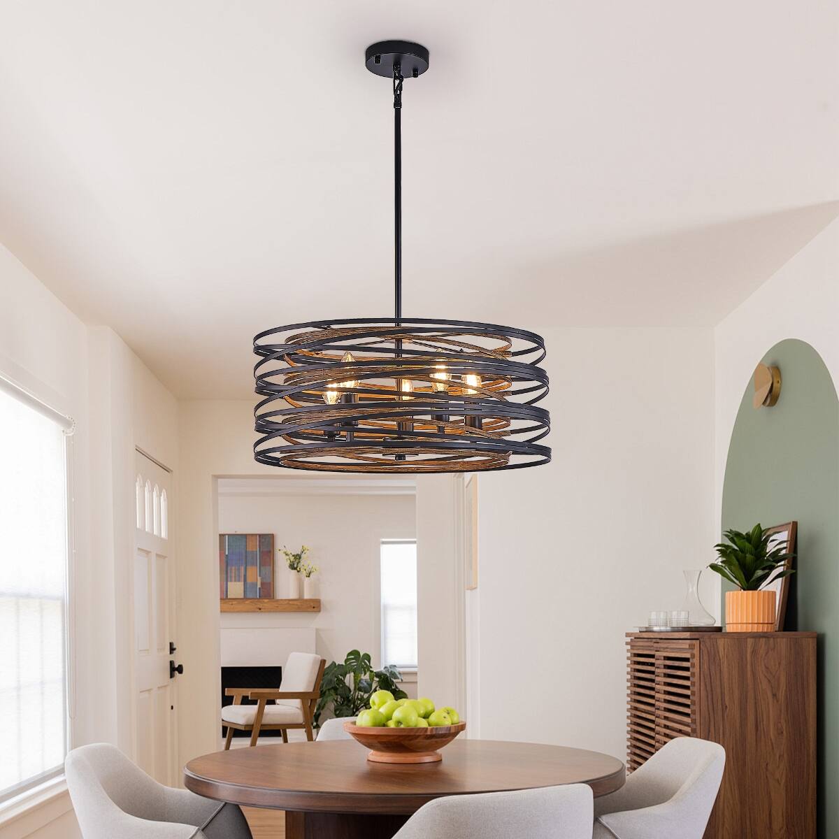 Front. Loheer - Loheer 20 Inch 5 Light Metal Cage Chandelier, Black and Walnut Wood Accents.