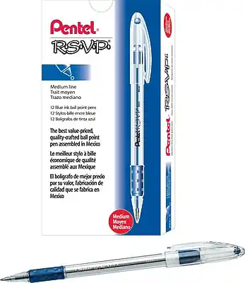 Pentel RSVP
Medium line
Trait moyen
Trazo mediano
12 blue ink ball point pens
12 Stylos-bille encre bleue
12 Bolígrafos de tinta azul
The best value-priced quality-crafted ball point pen assembled in Mexico
Le meilleur stylo bille économique de qualité assemblé au Mexique
El bolígrafo de mejor precio por su valor, fabricación de calidad que se fabrica en México
Medium
Moyen
Mediano