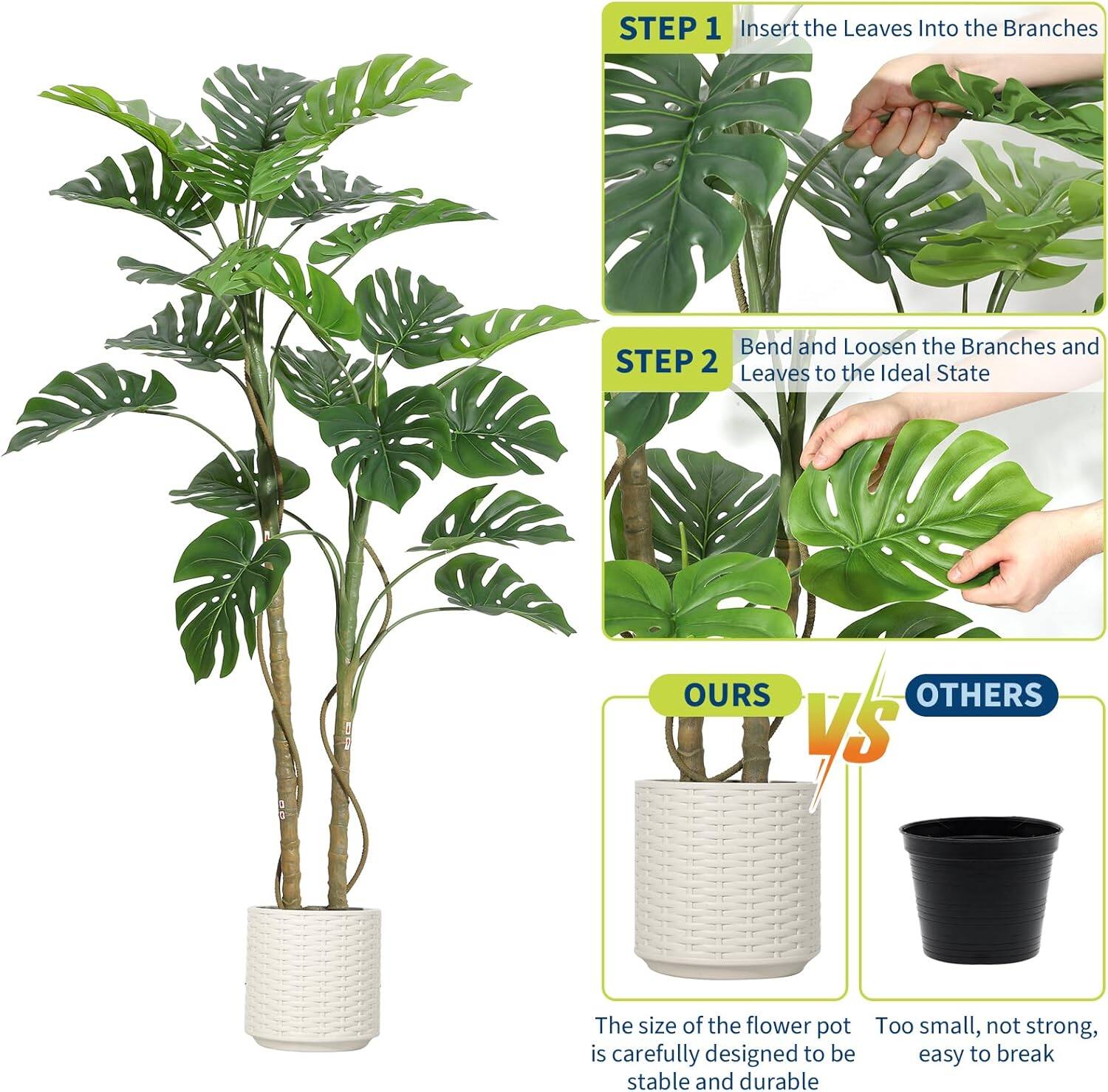 **STEP 1**  
Insert the Leaves Into the Branches

**STEP 2**  
Bend and Loosen the Branches and Leaves to the Ideal State

---

**OURS vs OTHERS**

- The size of the flower pot is carefully designed to be stable and durable.
- Too small, not strong, easy to break