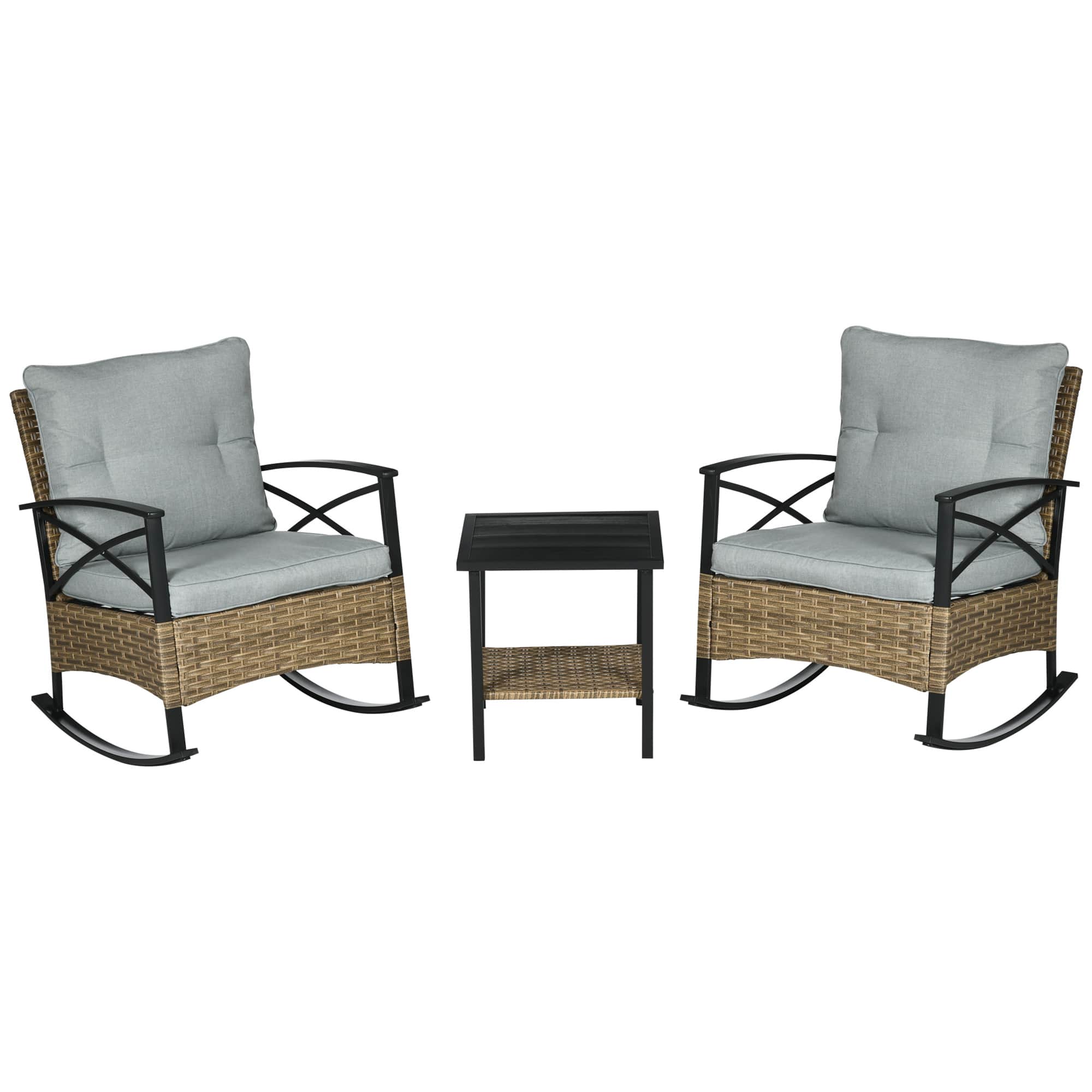 Outsunny - 3 Piece Patio Rocking Chair Set, Outdoor Wicker Bistro Set with 2 Oversize Cushioned Porch Rockers and Coffee Table - Light Gray