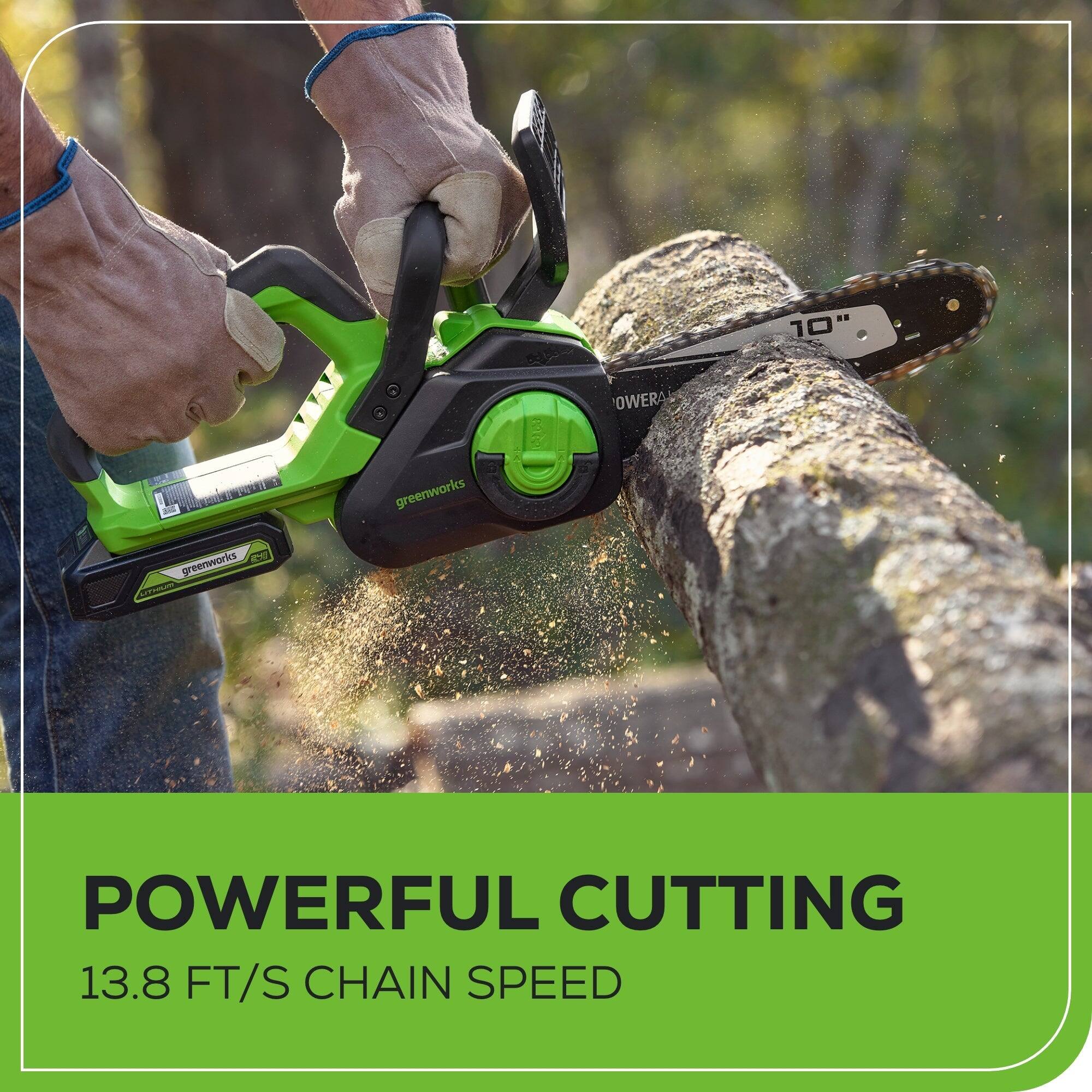 10" OWERA d greenworks a greenworks  
POWERFUL CUTTING 13.8 FT/S CHAIN SPEED