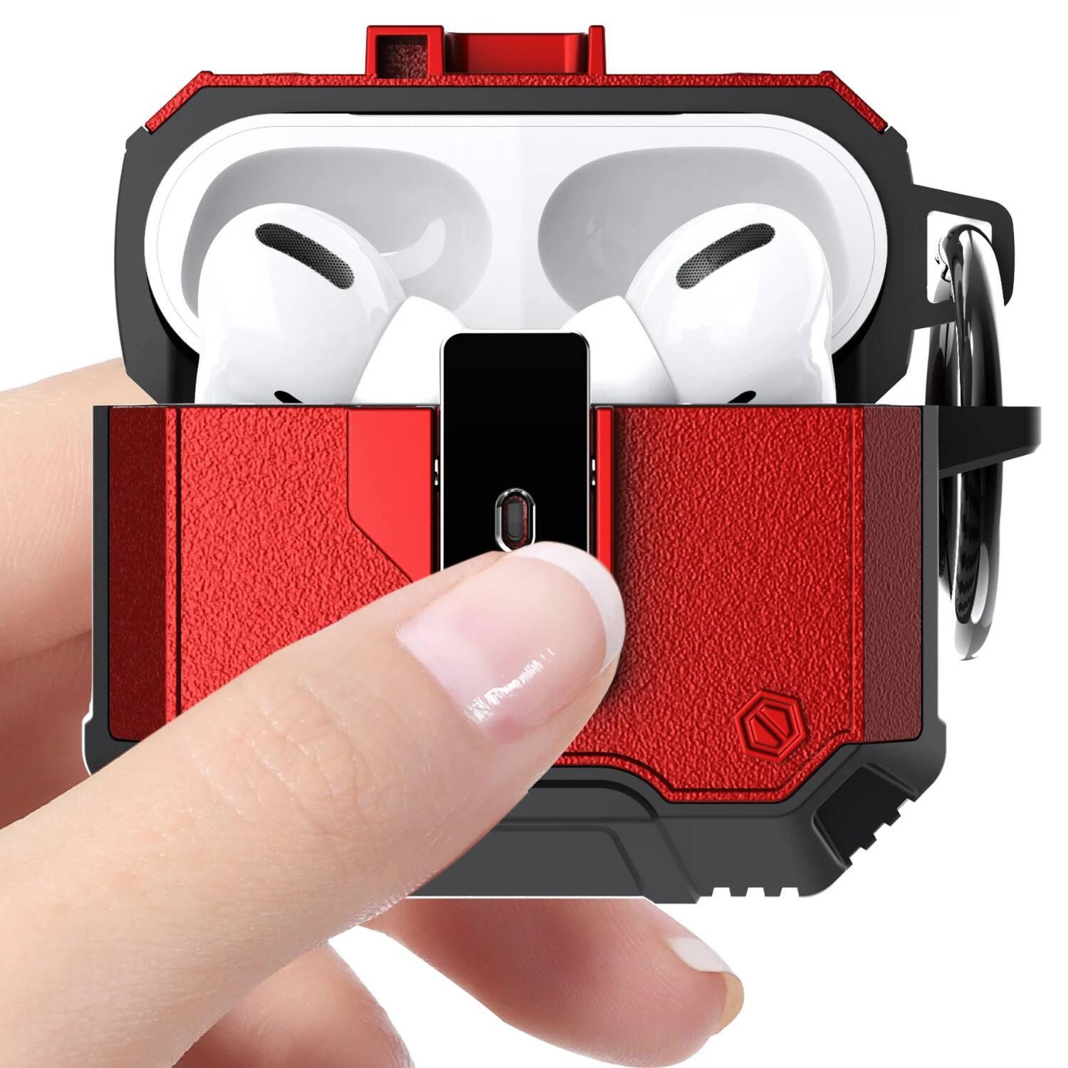Angle. Stock Preferred - Rugged Shockproof Case for AirPods Pro with Keychain & Secure Lock Red - Red.