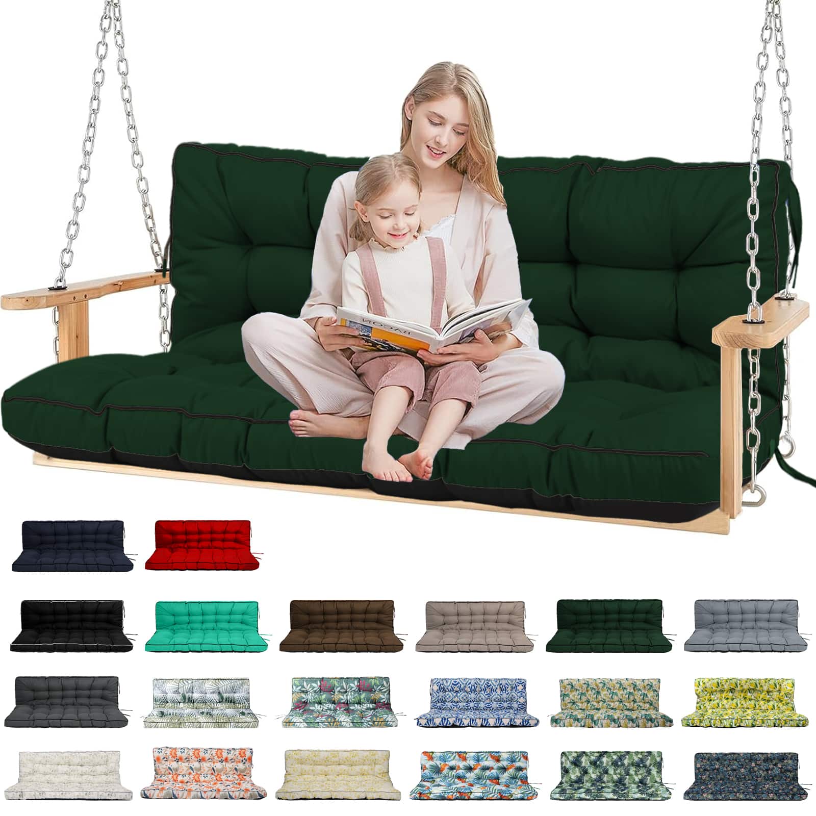 Chateau Abodes - Outdoor Bench Cushion for 2-3 Seater Swing, Patio Sofa & Furniture - Waterproof Replacement Seat with Backrest - Dark Green-40x71in