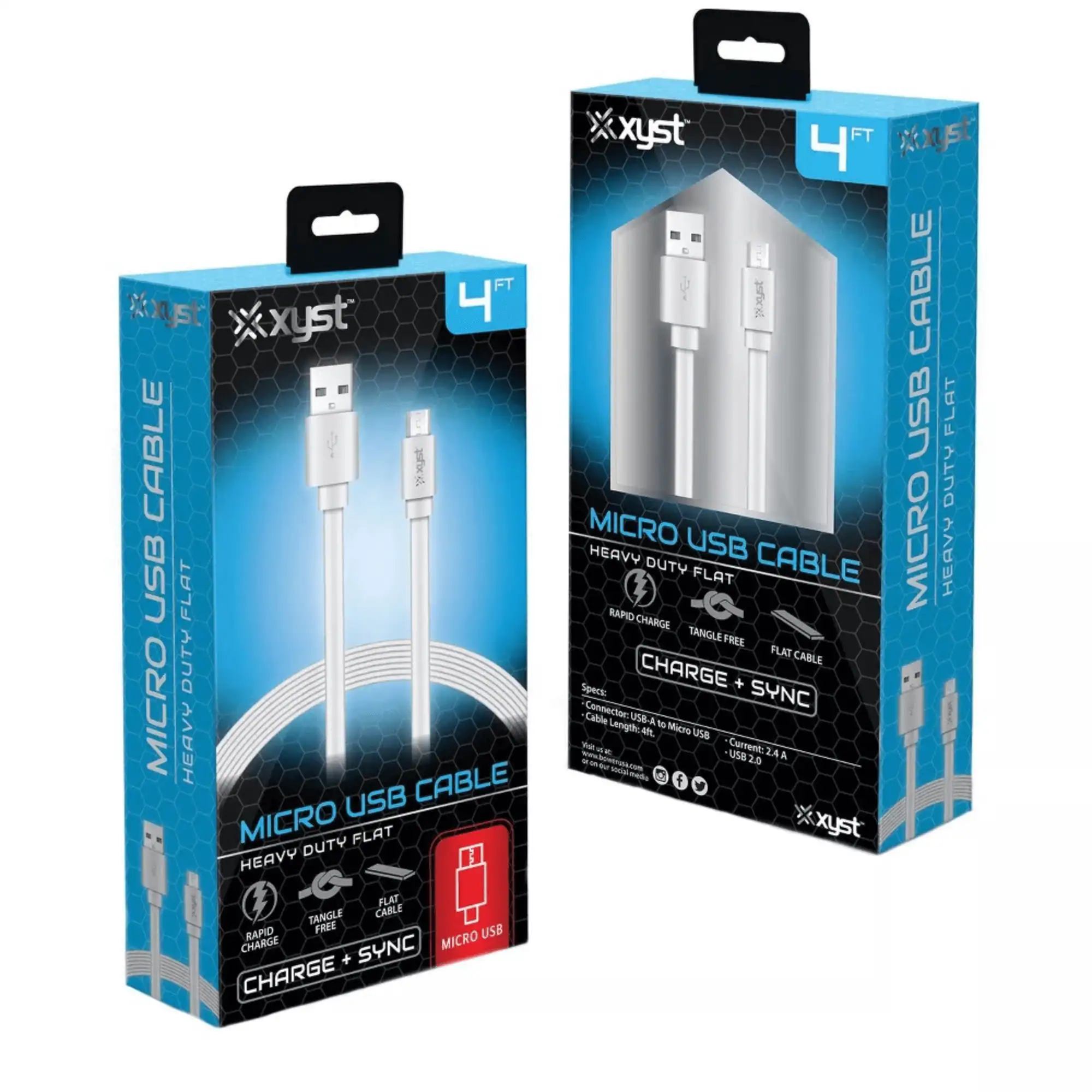 **Micro USB Cable**

- **4 FT**
- **Heavy Duty Flat**
- **Rapid Charge + Sync**
- **Tangle Free**
- **Flat Cable**

**Specifications:**
- **Connector:** USB A to Micro USB
- **Cable Length:** 4 ft
- **Current:** 2.4 A
- **USB 2.0**

**Features:**
- **Heavy Duty Flat**
- **Rapid Charge**
- **Tangle Free**
- **Flat Cable**

**Micro USB**